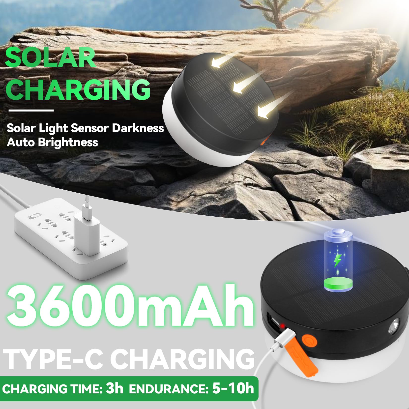 Aoxdwge Solar Camping String Lights Outdoor: 32.8Ft Portable Stowable Camping Tent String Lights With 8 Lighting Modes, 3600Mah Rechargeable Waterproof Camping Lanterns For Hiking, Yard Decorations