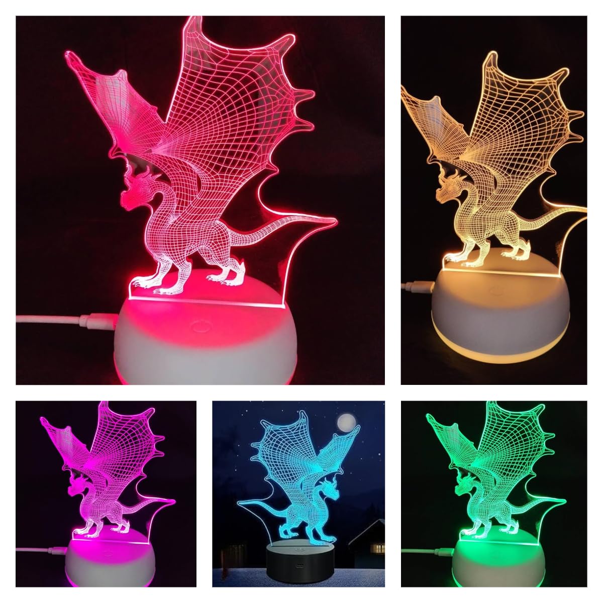 Xdorra Dragon 3D Led Light Boy'S Birthday Christmas Bedside Lamp Acrylic Night Light For Kids Cable Or Aa Battery Charge Table Lamp Bedroom Bars Store Room Decor For Adult