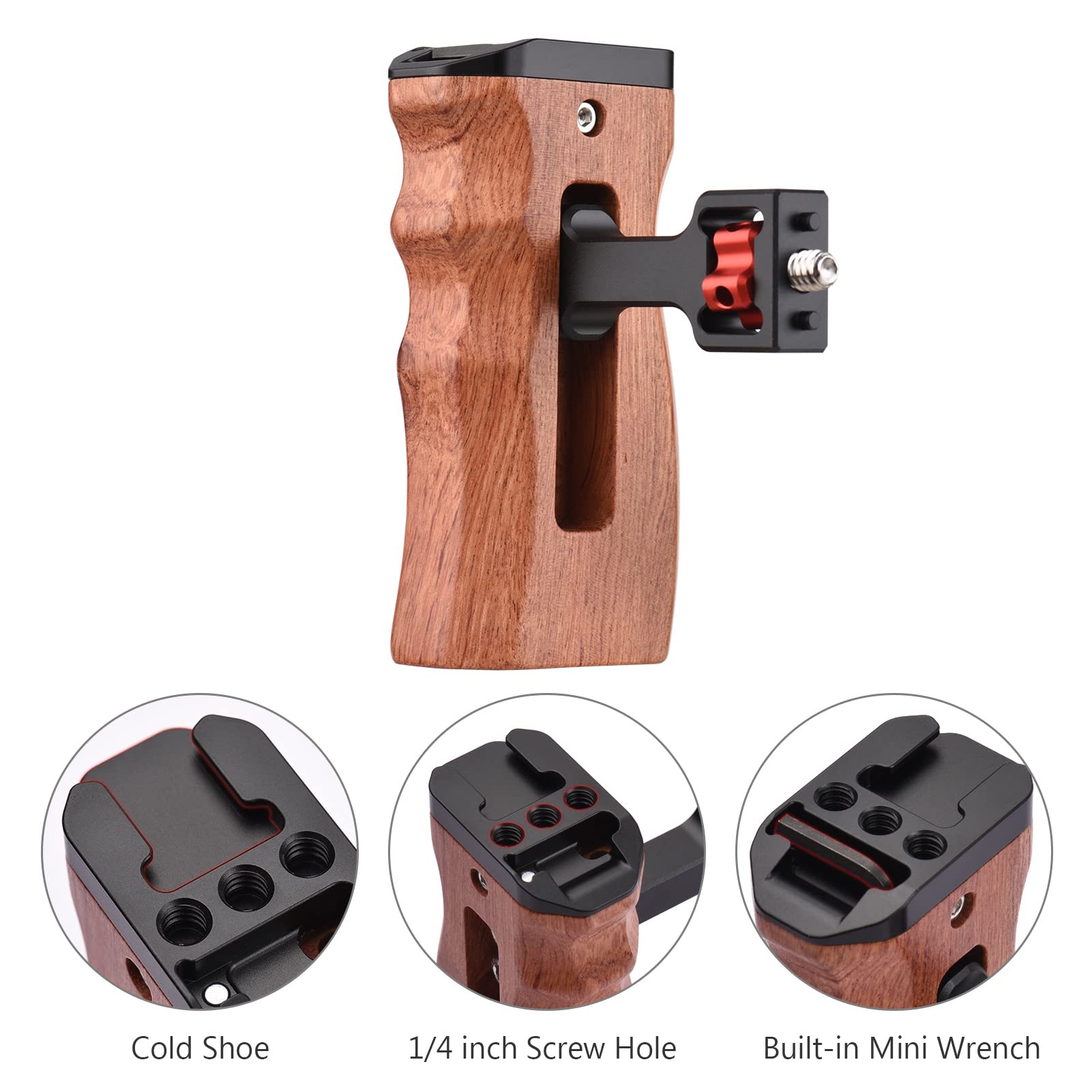 Andoer Wooden Camera Cage Grip, 1/4"" Screw Mount Style With Mini Cold Shoe Mounting Wrench, Compatible With Smallrig Video Cage, Black, Black/White