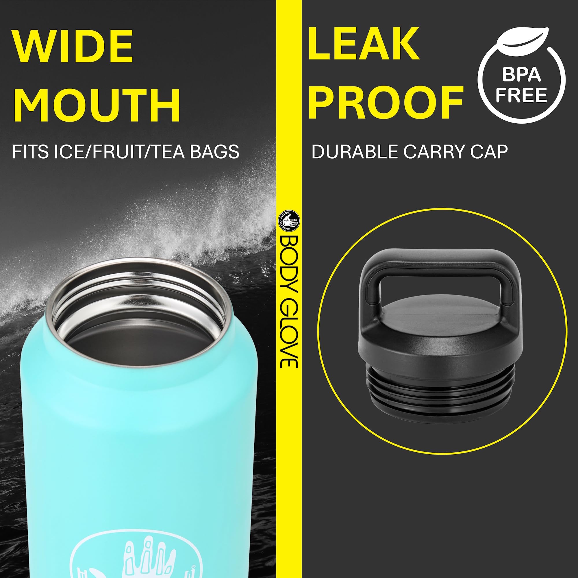 Body Glove 34Oz Insulated Stainless Steel Water Bottle, 1L Thermal Flask With Easy Cary Handle