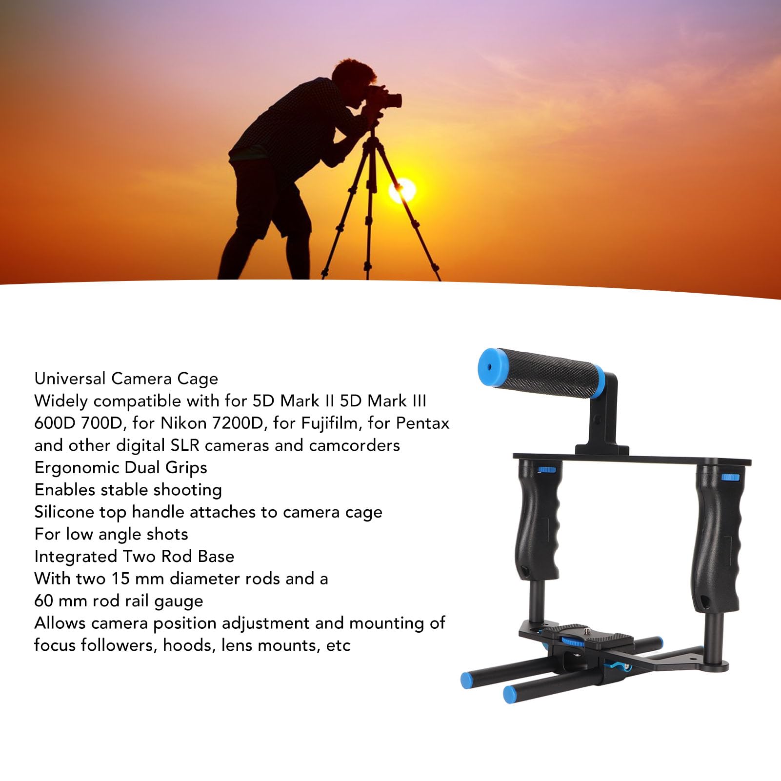 Yanmis Universal Camera Video Cage With Handle, Double Rod Base, Easy To Install, Expanded Mount For Dslr Cameras