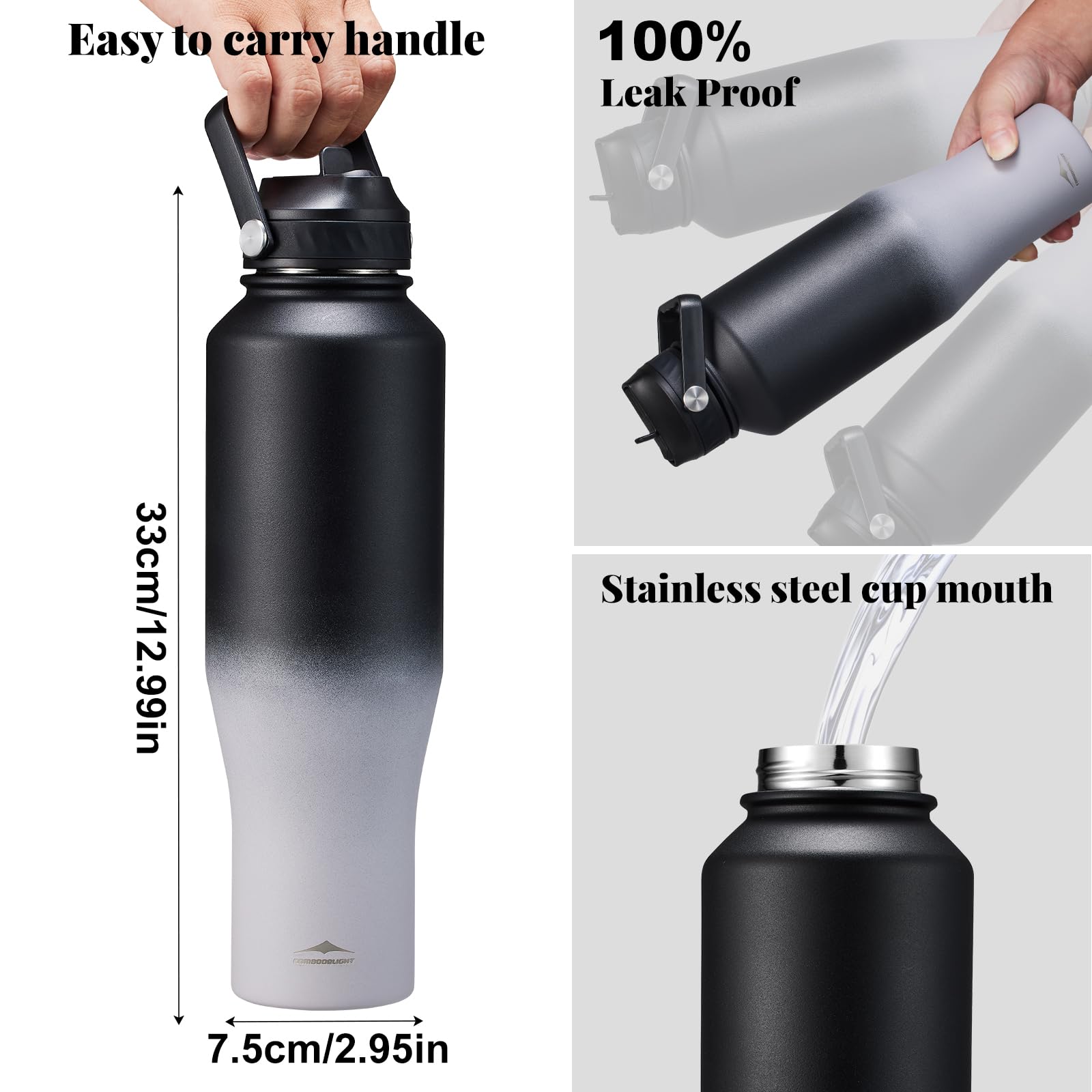 Water Bottle Insulated 40Oz Stainless Steel Tumbler With Straw/Spout Lids, Wide Mouth Double Wal