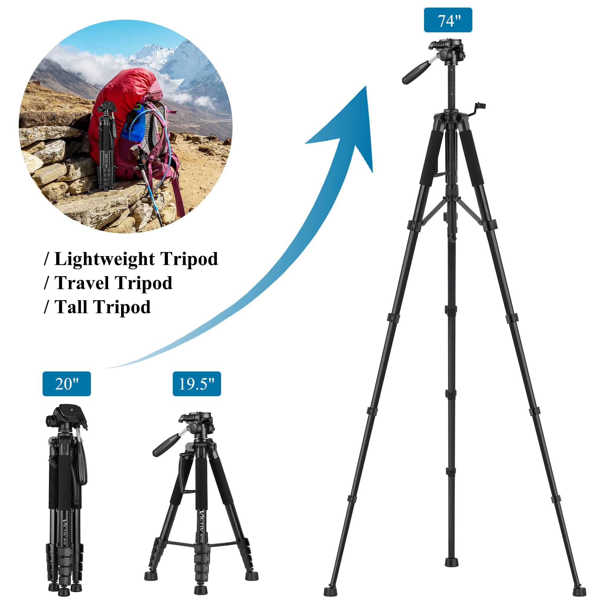 Victiv 74” Camera Tripod, Tripod For Camera And Phone, Aluminum Professional Tripod Stand For Canon Nikon With Carry Bag And Phone Holder, Compatible With Dslr, Iphone, Spotting Scopes, Max Load 9.5Lb
