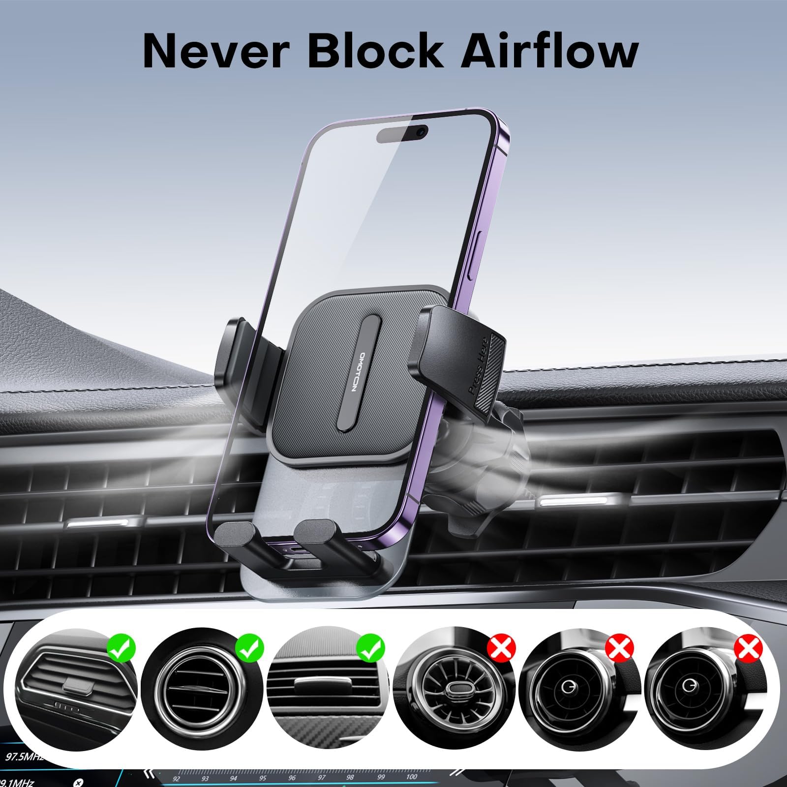 Omoton Car Vent Phone Mount, Spring Metal Hook, Hands- & Super Stable, Compatible With Iphone, Samsung, Google, Huawei, Nokia, Other Smartphones