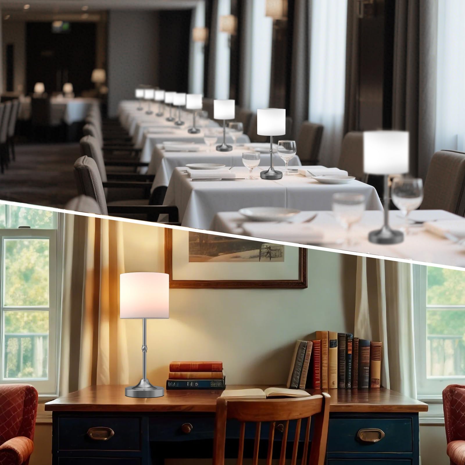 Yyxgoob Cordless Led Table Lamp,Portables Fabric Shade Desk Lamps, Rechargeable Battery Powered Lighting, Dimmable Light For Dining Room, Bedroom, Bedside, Night Light, Balcony (Silver)