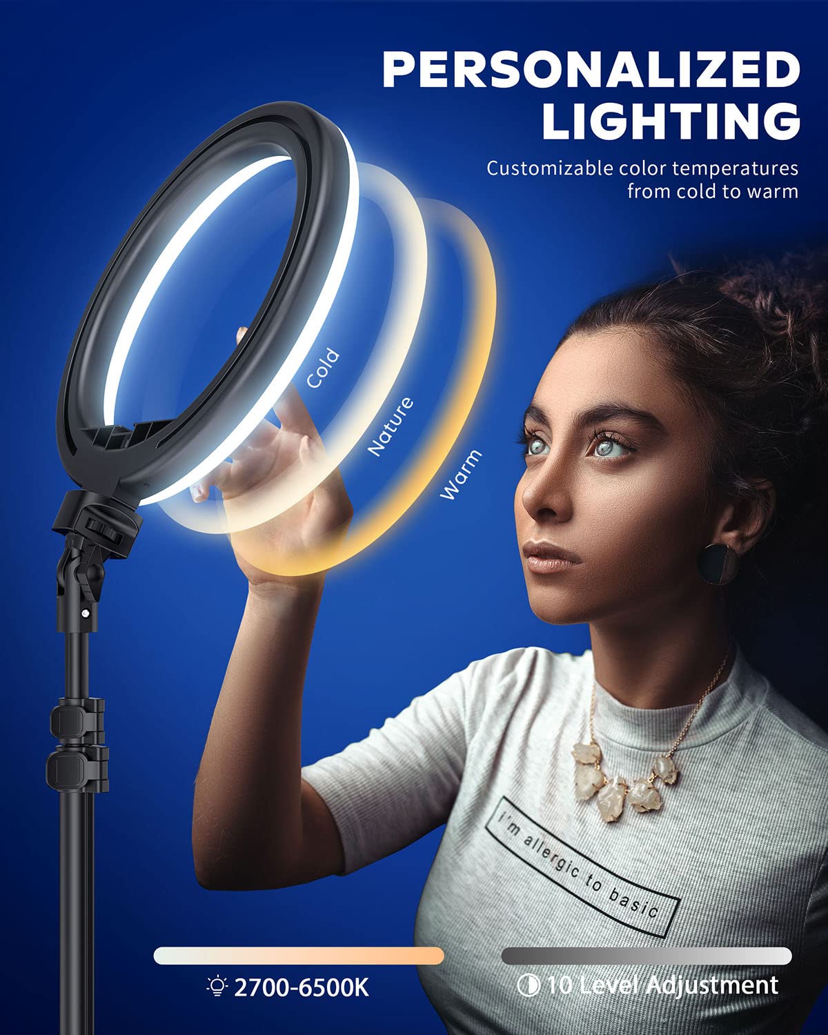 Kaiess 10.2" Selfie Ring Light With 65" Adjustable Tripod Stand & Phone Holder For Live Stream/Makeup, Dimmable Led Ringlight For Tiktok/Youtube/Zoom Meeting/Photography