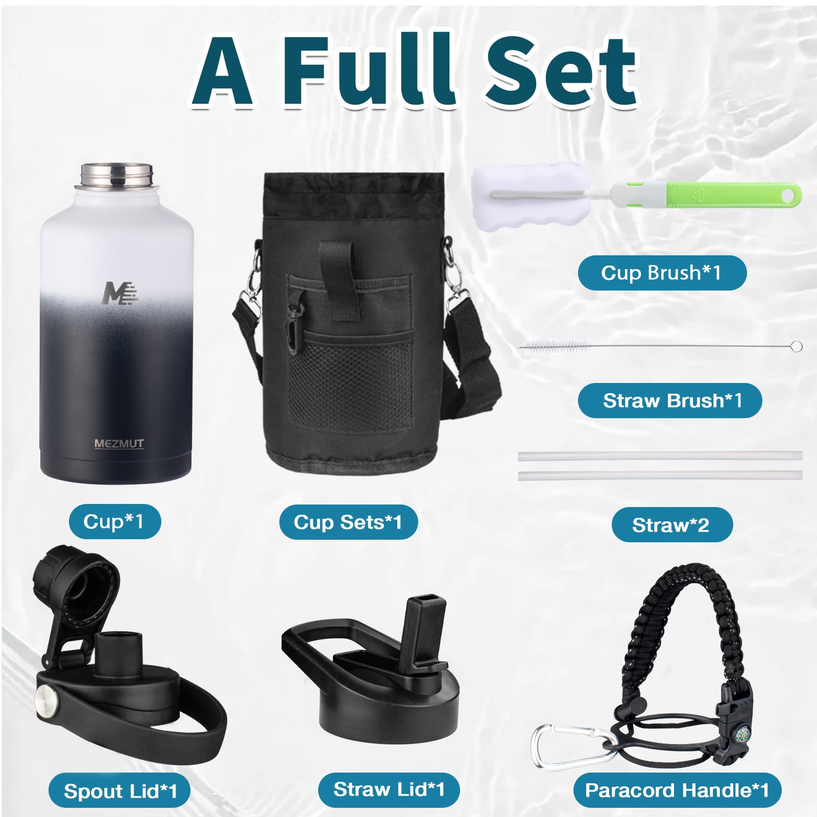 Mezmut 64Oz Insulated Water Bottle With Paracord Handle,Half Gallon Water Bottle Jug With Straw