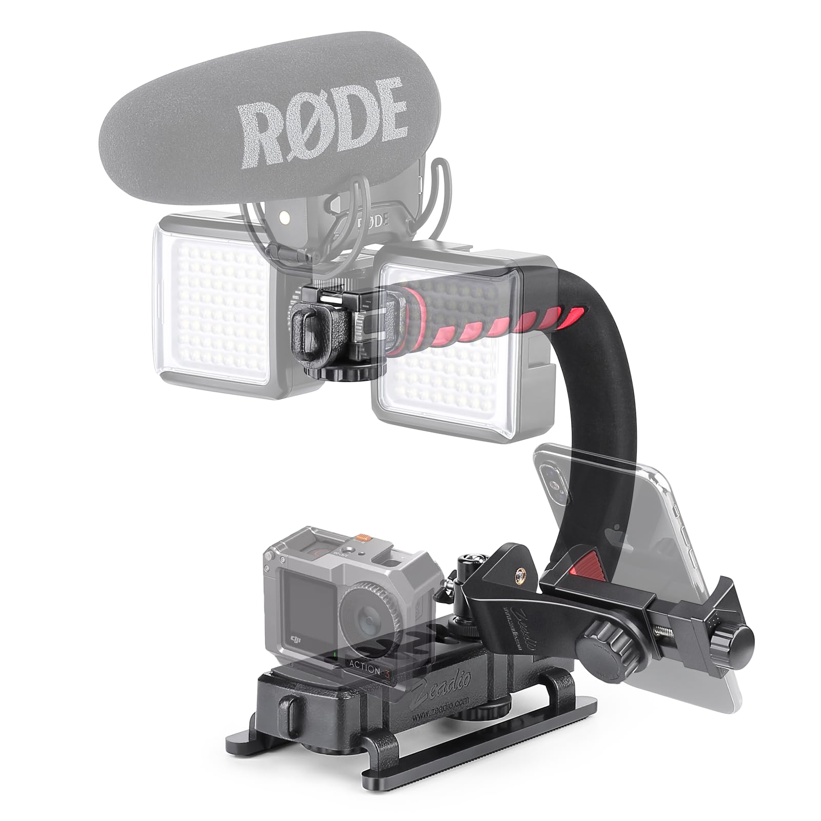 Zeadio Video Handheld Stabilizer, Triple Cold-Shoe Handle Grip With Smartphone Holder、360° Ball Head Mount, Compatible With All Camera Sport Camera Dslr Smartphone