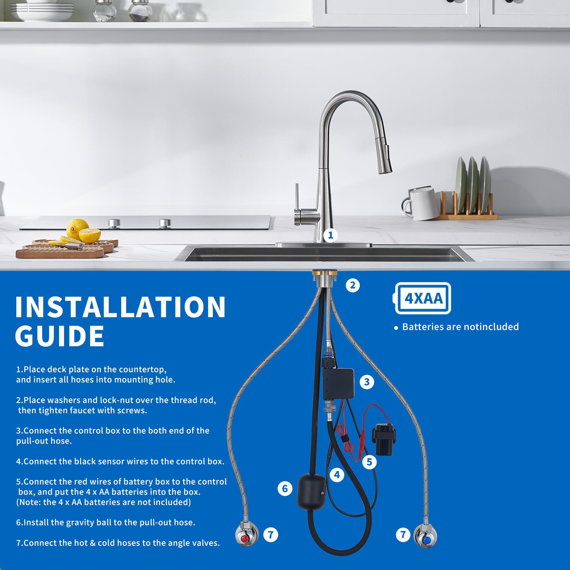 Tohlar Touchless Kitchen Sink Faucets With Pull Down Sprayer Brushed Nickel, Modern Side Sensor Faucet For Sink 3 Hole, Single Handle Stainless Steel Kitchen Faucet With Deck Plate