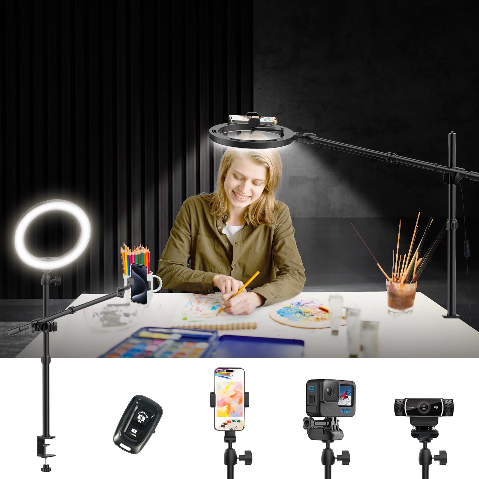Luxsure Ring Light For Desk, 10" Led Ring Light With Stand, Overhead Camera/Phone Mount, Stable Phone Tripod With Light For Video Recording/Live Streaming/Cooking/Content Creation