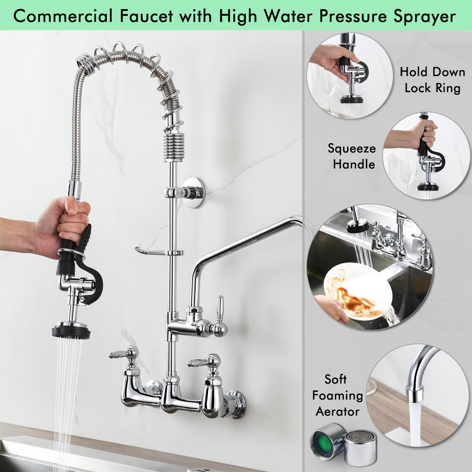 Golrean Commercial Faucet With Pre Rinse Sprayer, Wall Mount Kitchen With 12" Add-On Swing Spout 8 Inch Center Commercial Sink Faucet Pull Down Sprayer For Industrial, Restaurant, Sink, Brass, 25" Height