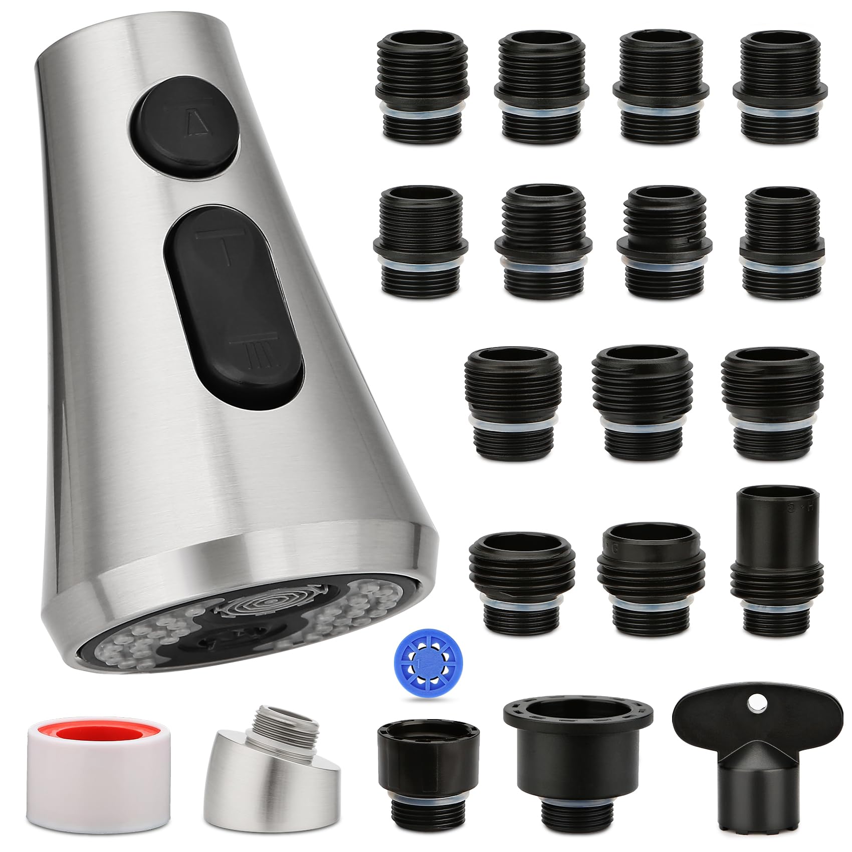 Horher Kitchen Faucet Head Replacement With 17 Adapters, Sink Faucet Head 3 Modes, Pull Down Spray Head G 1/2 For Kitchen Faucet, Compatible With Moen,Delta, Kohler Faucets, Brushed Nickel