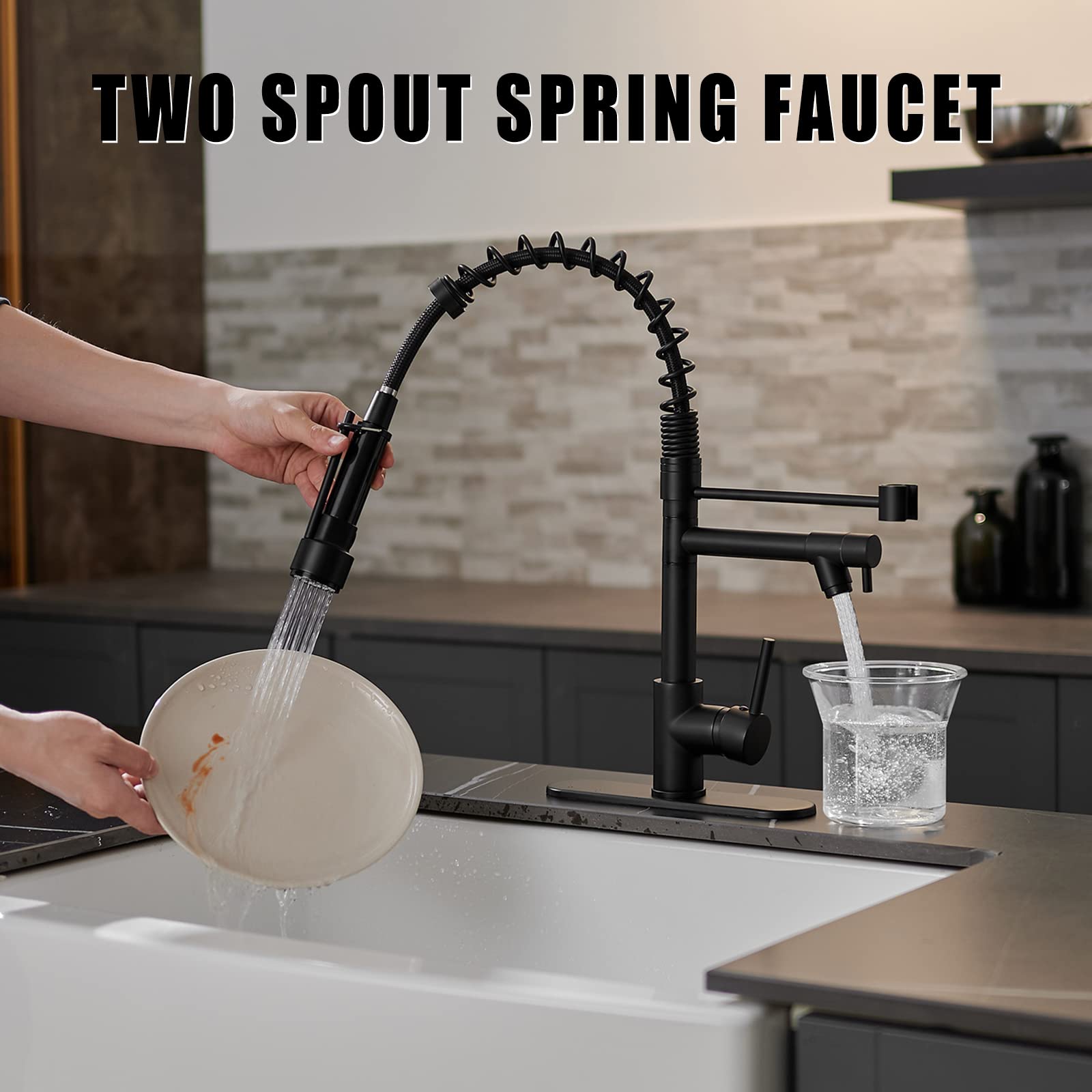 Greenspring Matte Black Kitchen Sink Faucet With Sprayer Commercial Single Handle High Arc Spring Kitchen Faucet With Cover Plate