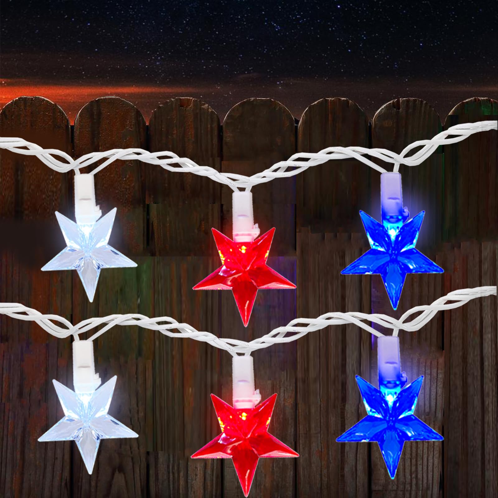 Egcol 13.6Ft Red White And Blue Star Lights With 38 Led Triplecolor Star Lights(3 Spare),Outdoor Patriotic Led Star Lights For Indoor Outside Garden Memorial Independence Day Inauguration Decor