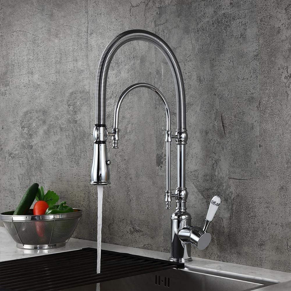 Kunmai High Arc Swirling Dual-Mode Pull-Down Kitchen Faucet With Porcelain Handle,Chrome