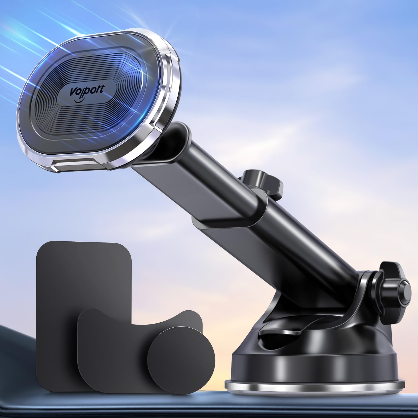 Volport Magnetic Phone Holder For Car, Industrial-Strength Suction Cup Phone Mount Windshield Dashboard, Strong Magnets Adjustable Phone Mount For Phone, Requires Metal Plate (3 Included) For Use