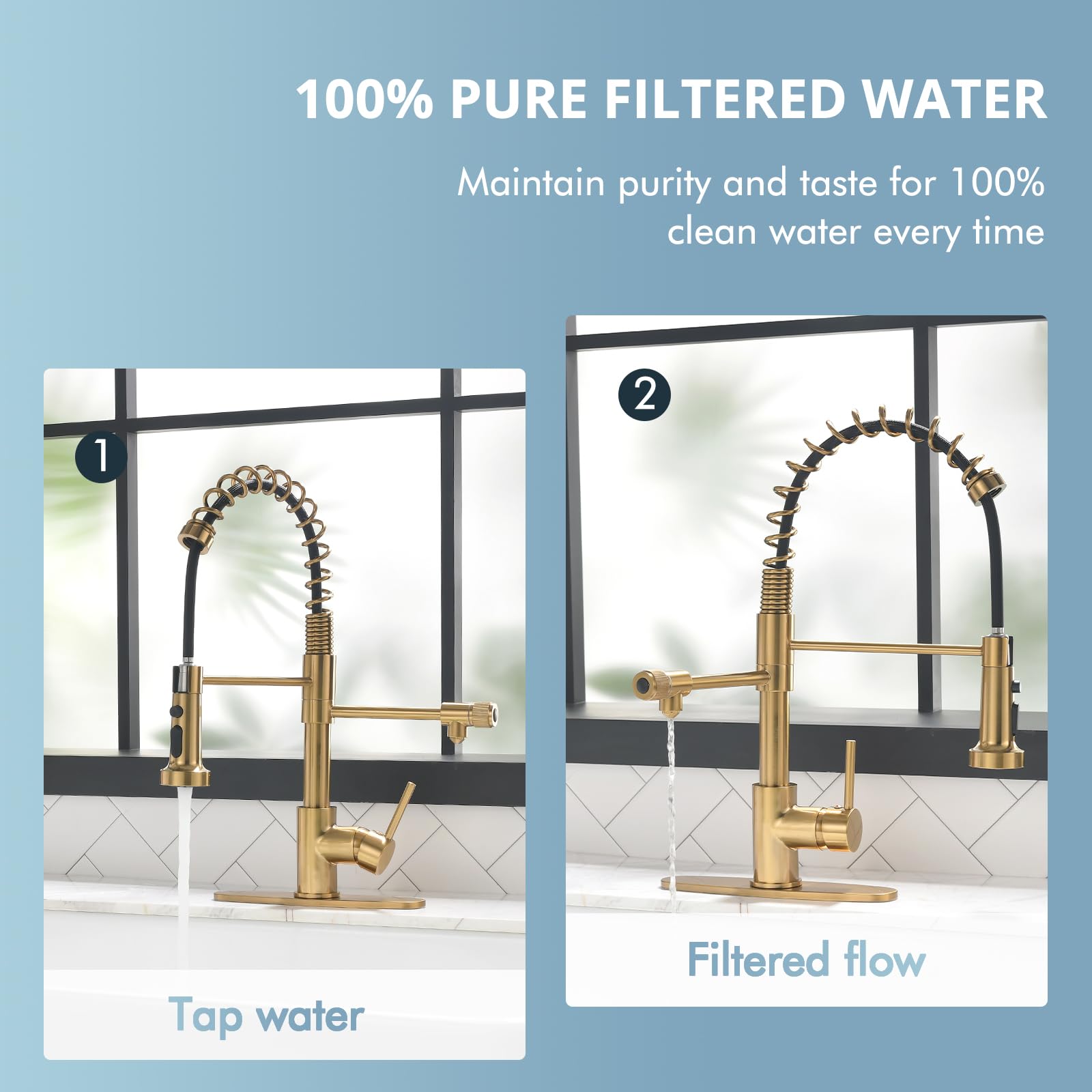 Gimili Brushed Gold Drinking Water Faucet 3 In1 Commercial Style Pull-Down Single Handle Filter Kitchen Faucet For Water Filtration System,Without Water Filtration Device