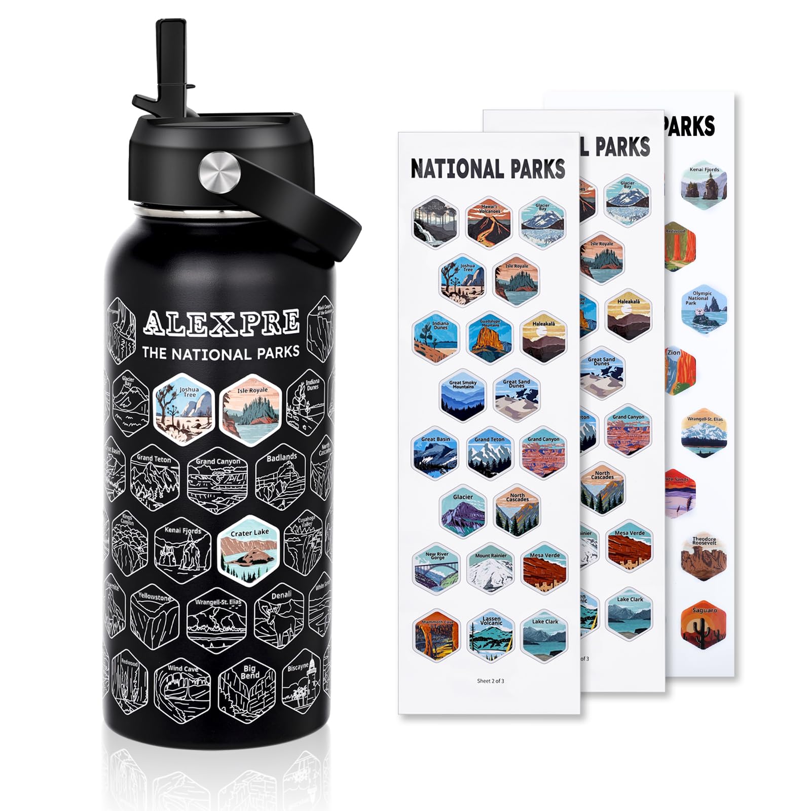 63 National Parks Water Bottle With Water Proof Stickers,32 Oz Leak Proof Insulated Stainless Steel
