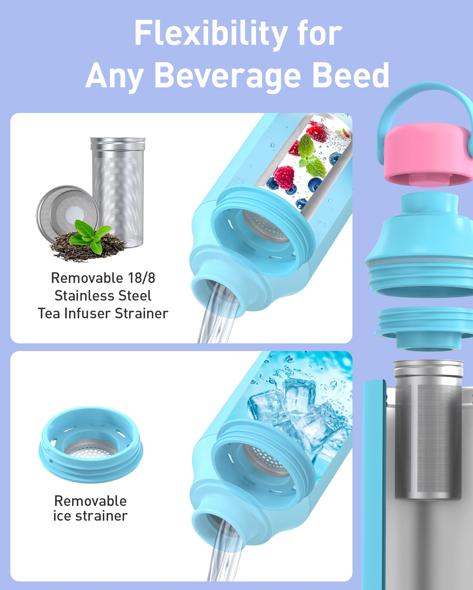 Tourit 20 Oz Insulated Water Bottle, Stainless Steel Water Bottles With Ice Strainer, Double-Wall