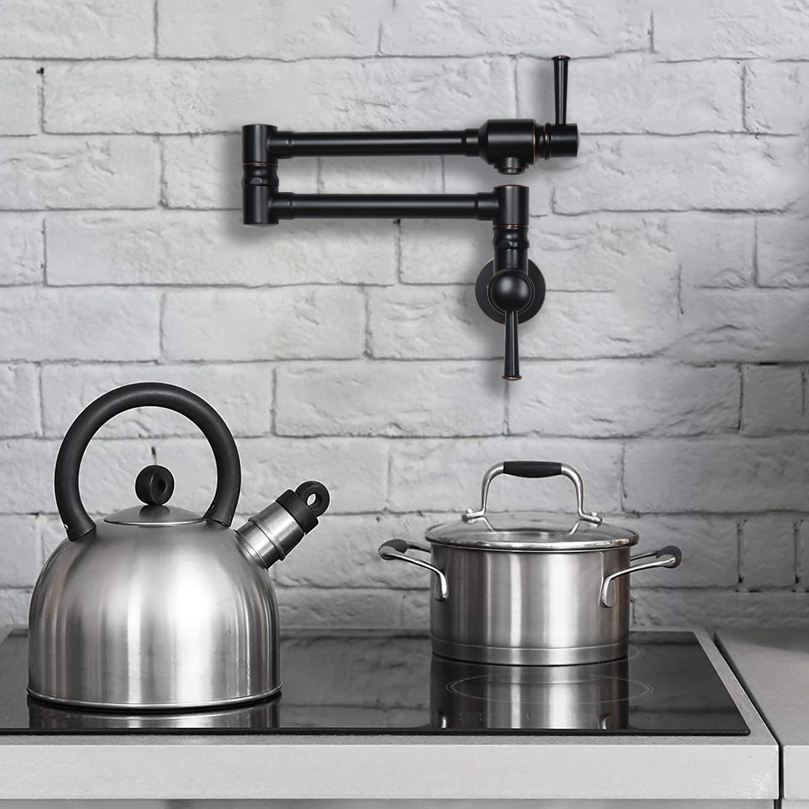 Jzbrain Pot Filler Faucet Stainless Steel Commercial Kitchen Faucet Wall Mount Oil Rubbed Bronze Folding Stretchable Double Joint 2 Handles Kitchen Sink Faucet (Orb)