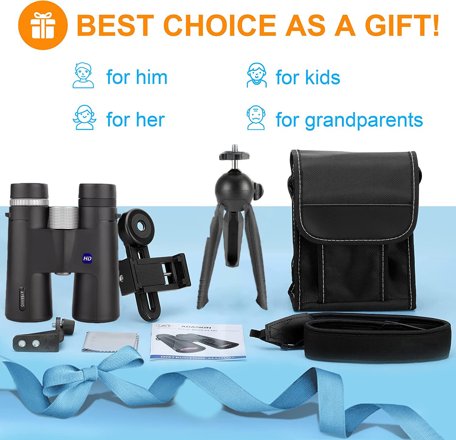 Ayraviio 12×42 Binoculars For Adults With Smartphone Holder & Tripod, Birthday  For Men Dad Him Husband Teen, High Power Lightweight Binoculars, Fmc & Bak4 Prism, Survival Hiking Gear
