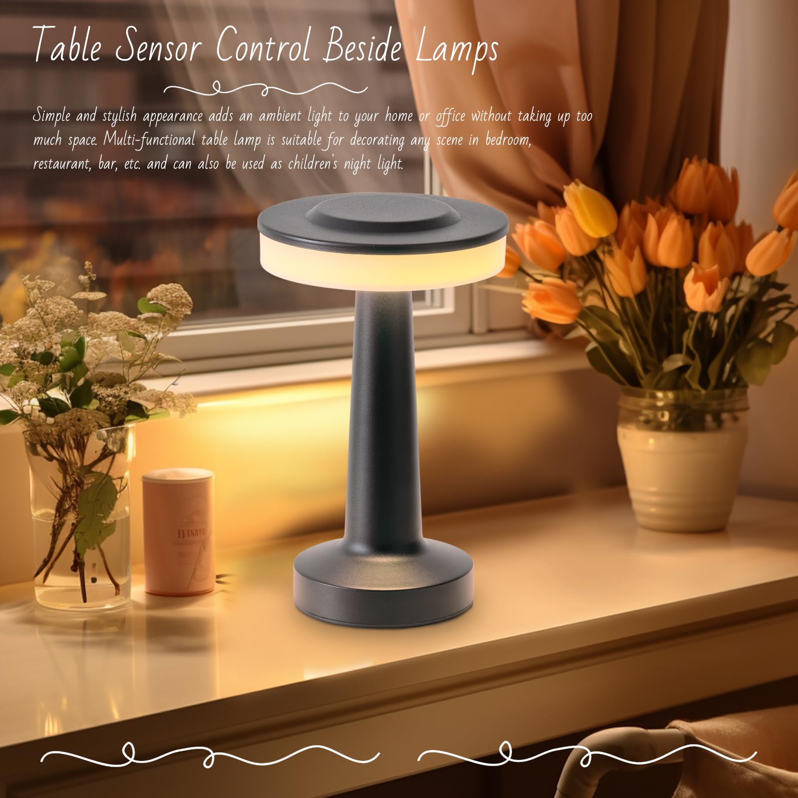 Lstvzsnrx Portable Led Table Lamp With Touch Sensor, Night Lamp With 3-Levels Brightness, Rechargeable Battery, Multiple Uses For Kids Nursery, Nightstand Lamp, Bedside Lamp (Black)