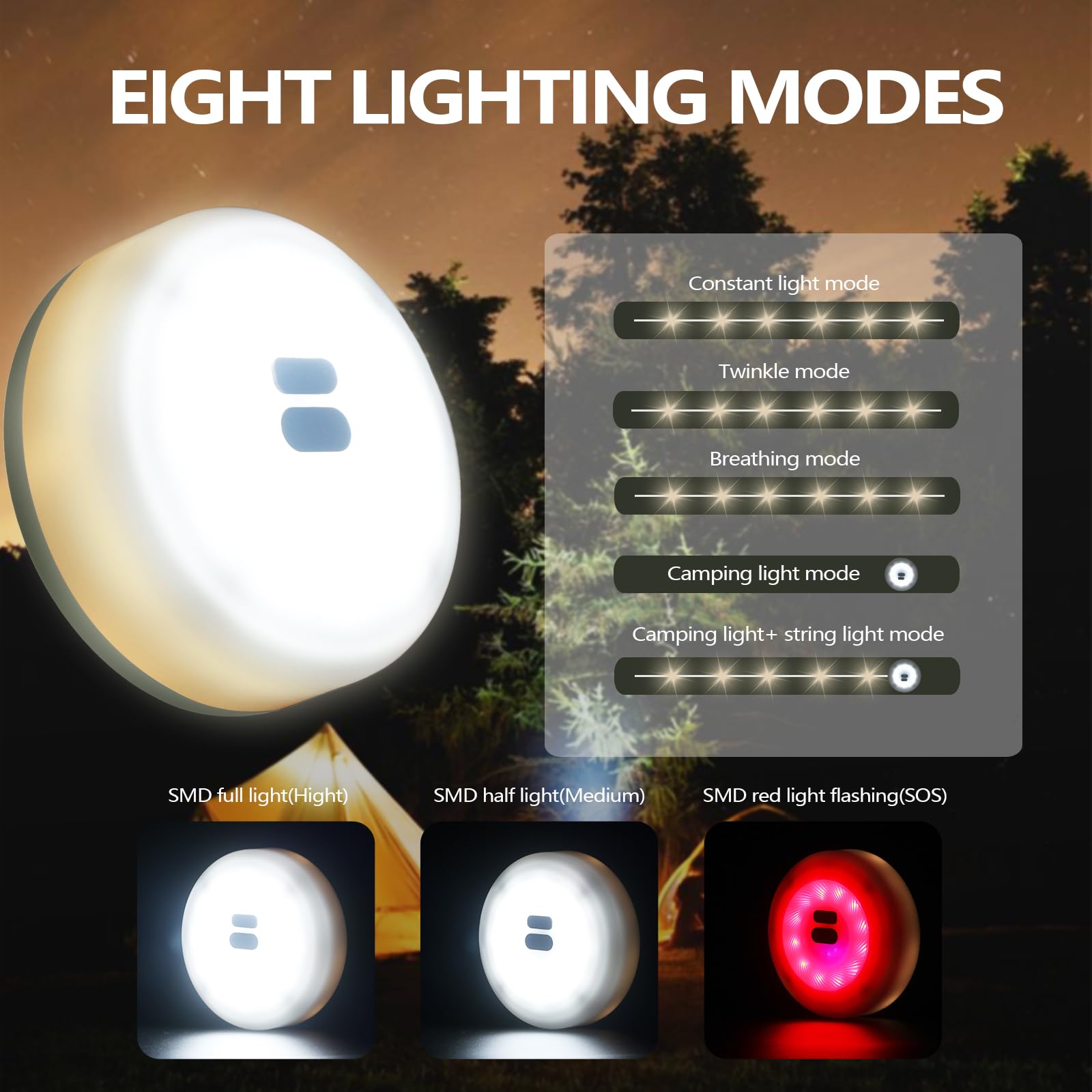 Ehome Camping String Lights, 2 In 1 Tent Lights With 8 Lighting Modes 32.8Ft Rechargeable Waterproof Portable Led Tent Lights For Camping, Camp Light For Camping, Yard, Hiking, Garden Party Decor