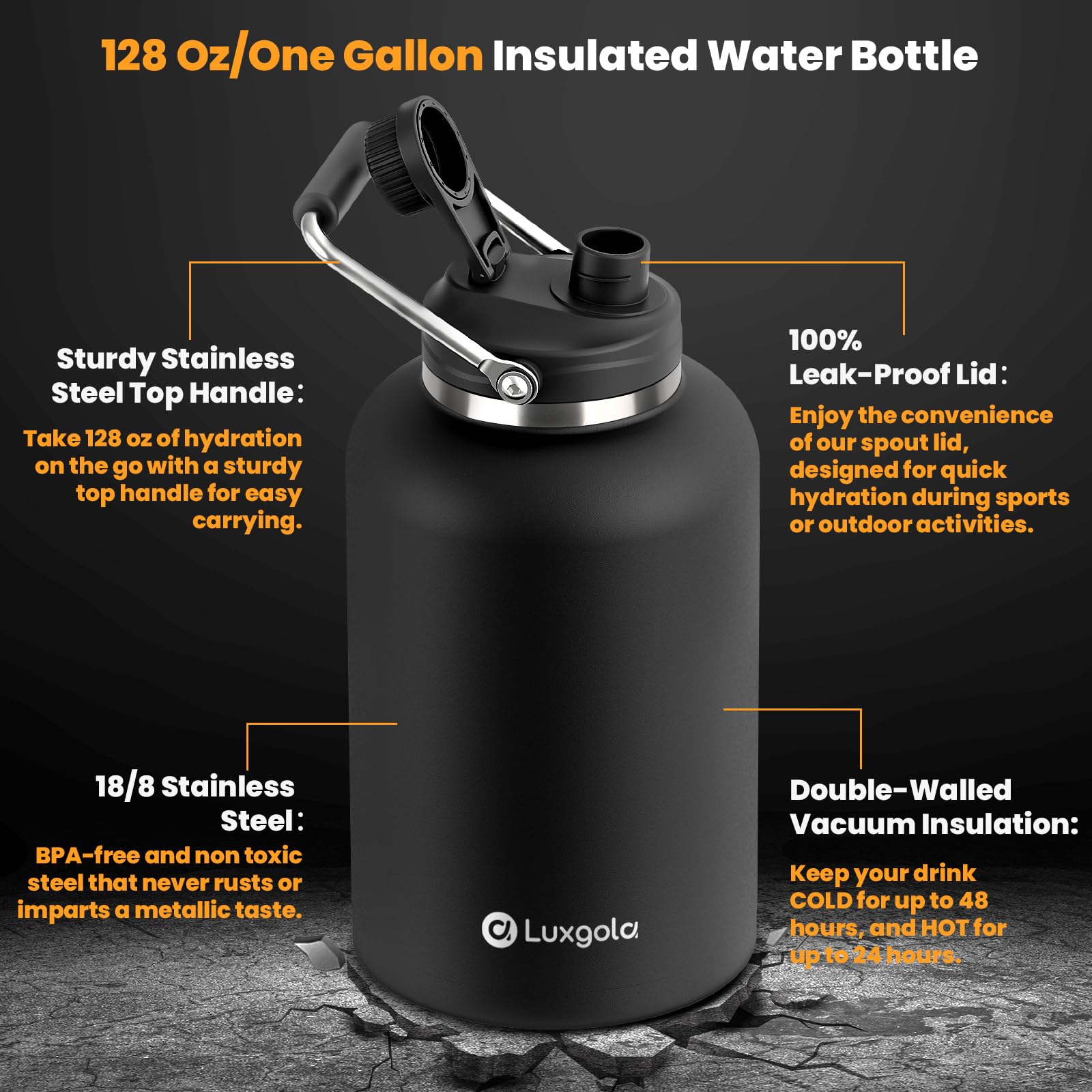 128 Oz Insulated Water Bottle With Spout Lid And Handle, One Gallon Stainless Steel Double Vacuum