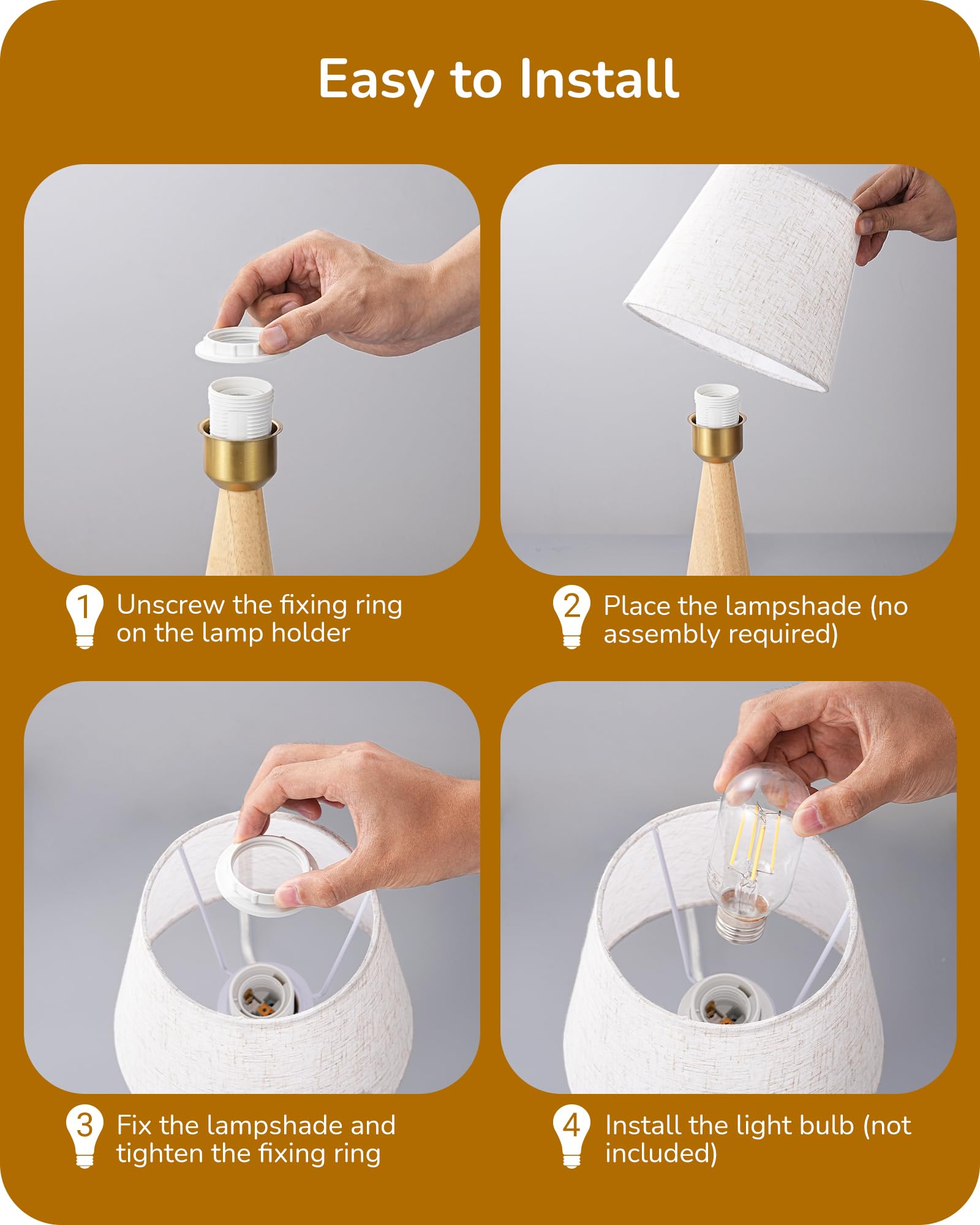 Edishine 13.58" Small Cute Table Lamp, Wooden Base Bedside Lamp With Beige Linen Lampshade, Space-Saving Nightstand Lamp For Nursery Bedroom Living Room, E26, On-Off Button, Burlywood Base