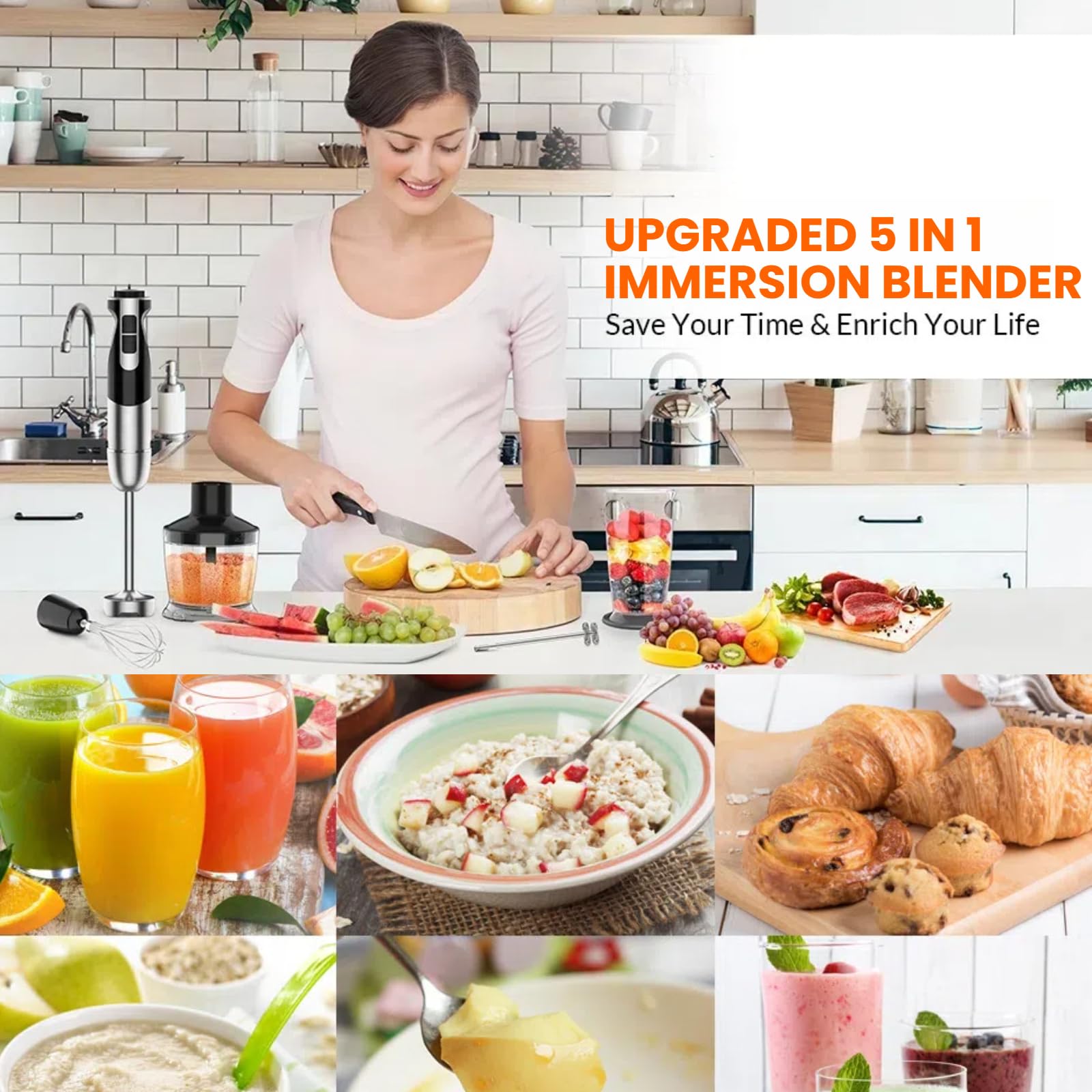 Celenature Immersion Blender Handheld, 1000W 7-In-1 Heavy Duty Motor, 12 Speed & Turbo Mode, Stainless Steel Blades, Includes Whisk, Frother, 800Ml Beaker, 600Ml Chopper For Smoothies, Soup