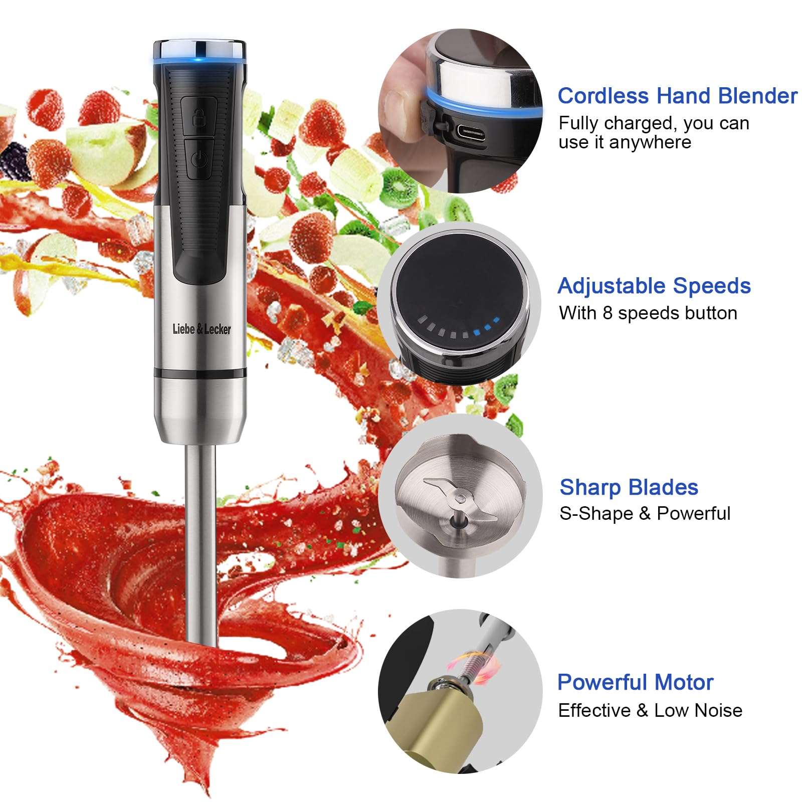Liebe&Lecker Cordless Hand Blender, Immersion Blender Handheld Usb Rechargeable 8 Variable Speeds With Whisk, Milk Frother Attachments, Portable Stick Mixed For Milkshakes, Smoothies & Soups.