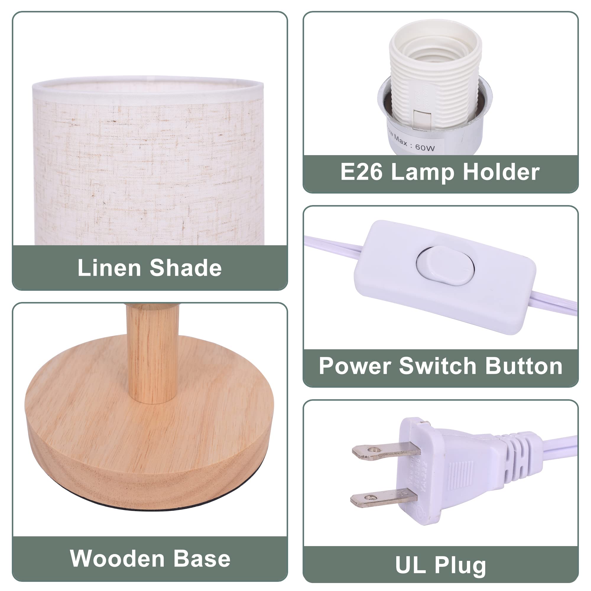 Achuai Small Table Lamp Mini Bedside Night Light Wooden Simple Desk Nightstand Lighting With Linen Shade For Bedroom, Living Room, Kids Room (Including Led Bulb) (Round)
