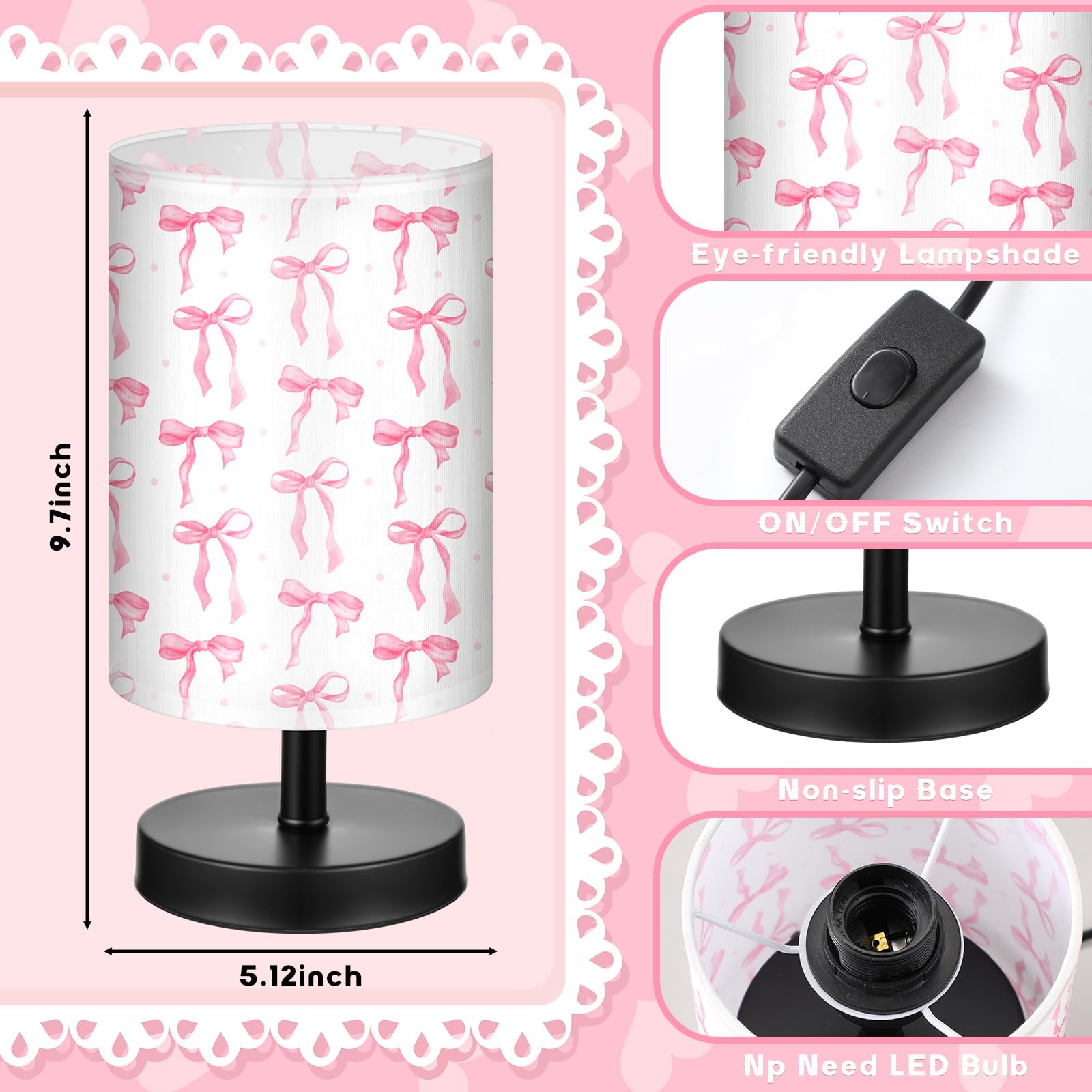 Glooglitter Table Lamp 3 Colors Dimmable Lights 9.72 X 5.12 Inch Night Light Bedside Lamps Decoration For Bedroom Desk Birthday For Christmas Home Decor(Pink Bow)