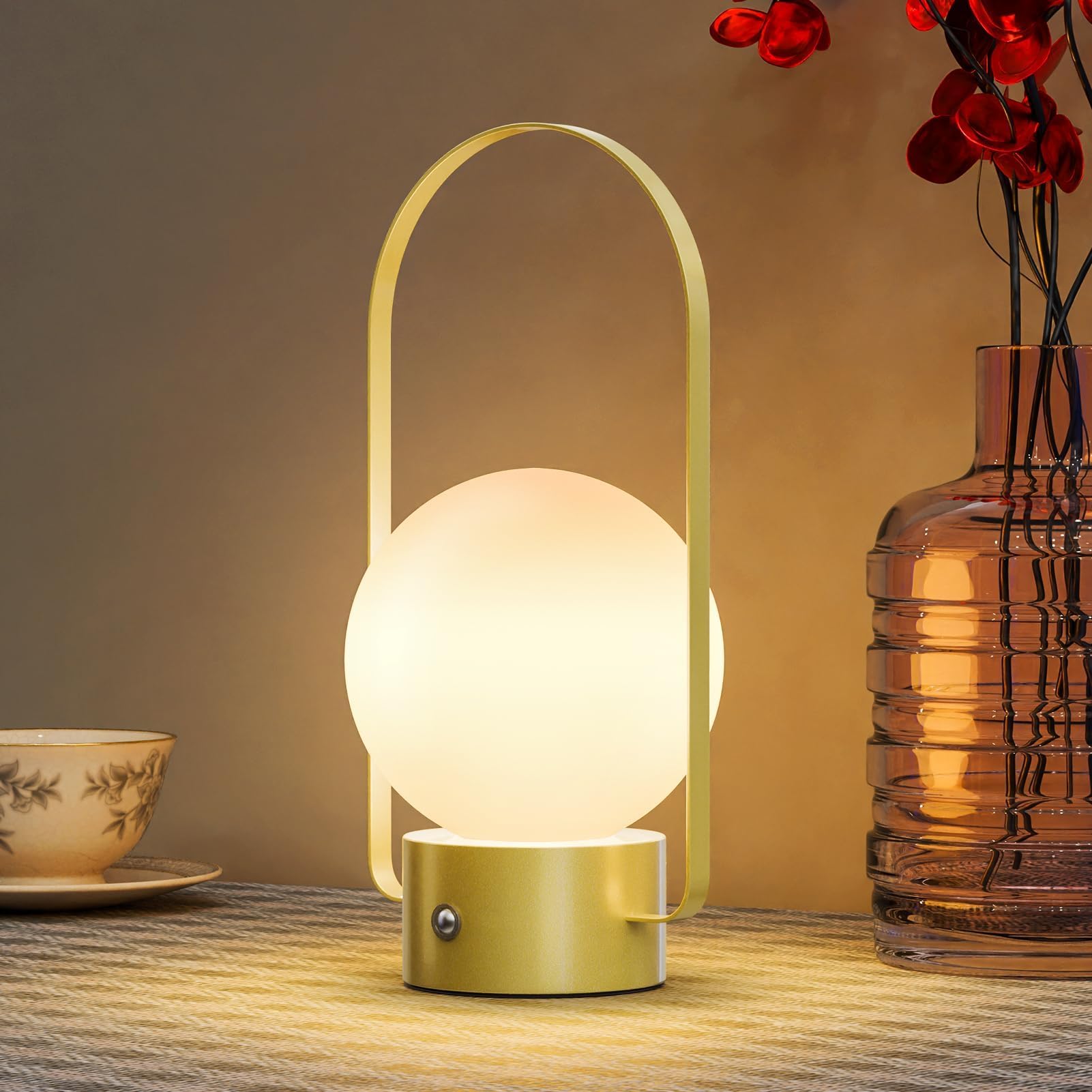 Fuyo Portable Table Lamp, Dimmable Rechargeable Night Light With 3 Color Modes, Battery Operated Cordless Lamp For Bedroom, Living Room, Kids Room, Camping & Outdoor Use (Gold)