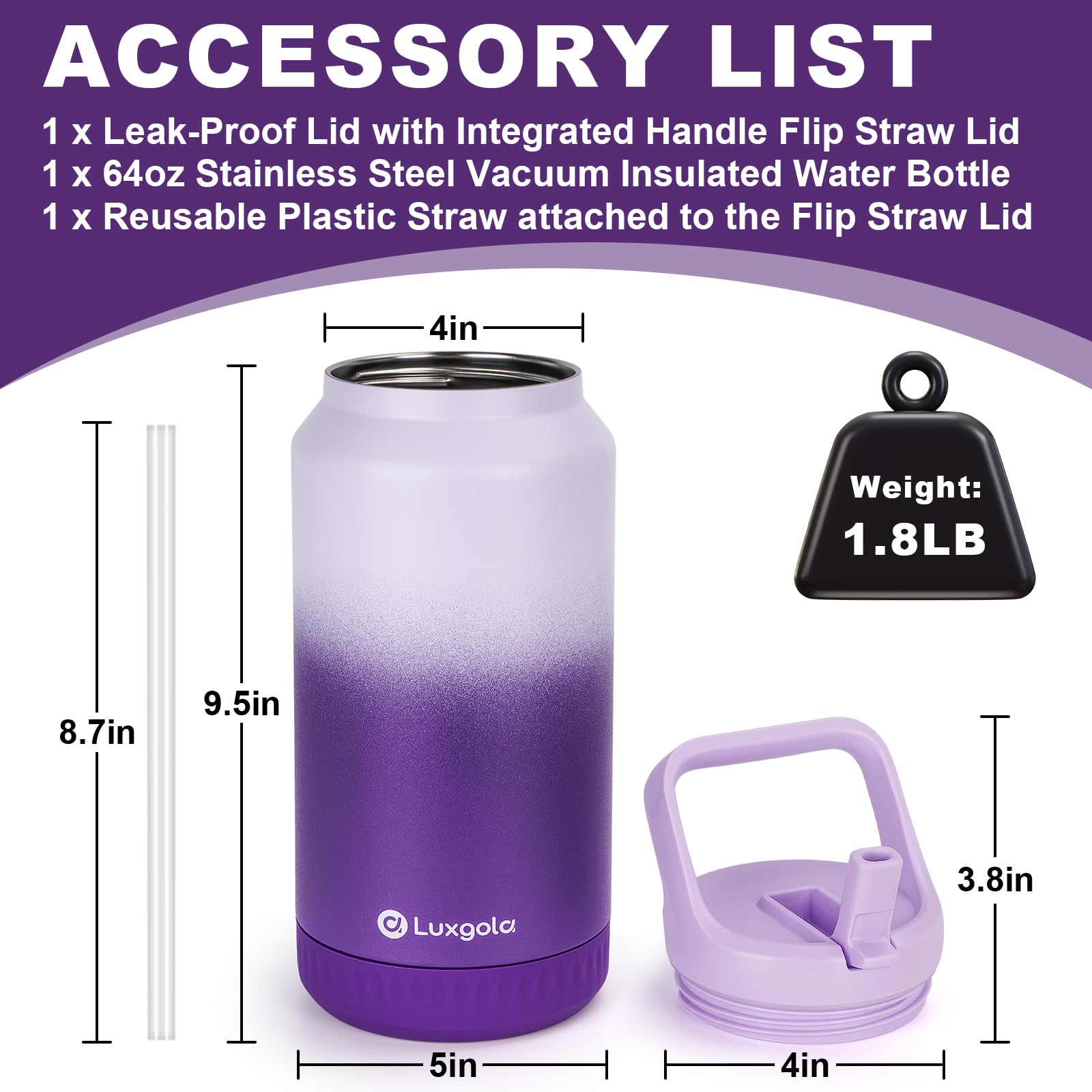 64 Oz Insulated Water Bottle, Half Gallon Stainless Steel Vacuum Tumbler With Flip Straw Lid