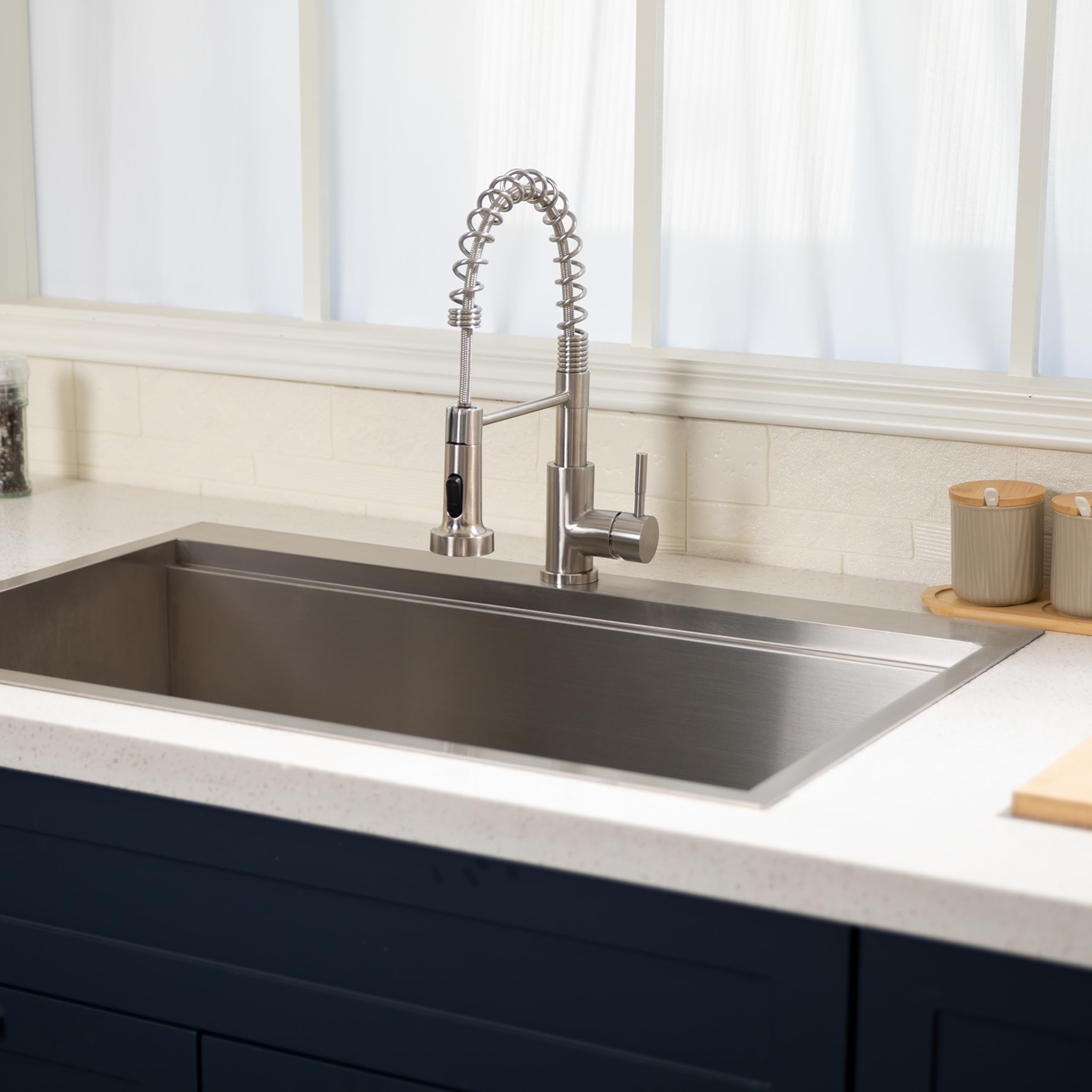 Comllen Kitchen Faucet With Sprayer, Brushed Nickel 304 Stainless Steel Kitchen Sink Faucet, High Arch Commercial Single Handle Kitchen Sink Faucets For Outdoor Utility Camper Laundry Rv Wet Bar