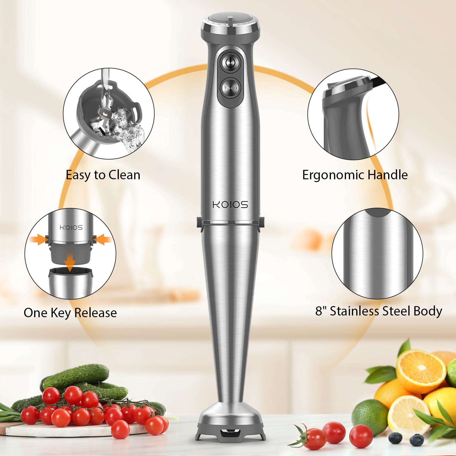 Koios Immersion Blender, 1000W Anti-Scratch 3-In-1 Hand Blender, 12 Speed Stainless Steel Blade Stick Blenders With Turbo Mode, Whisk And Milk Frother, Non-Bpa