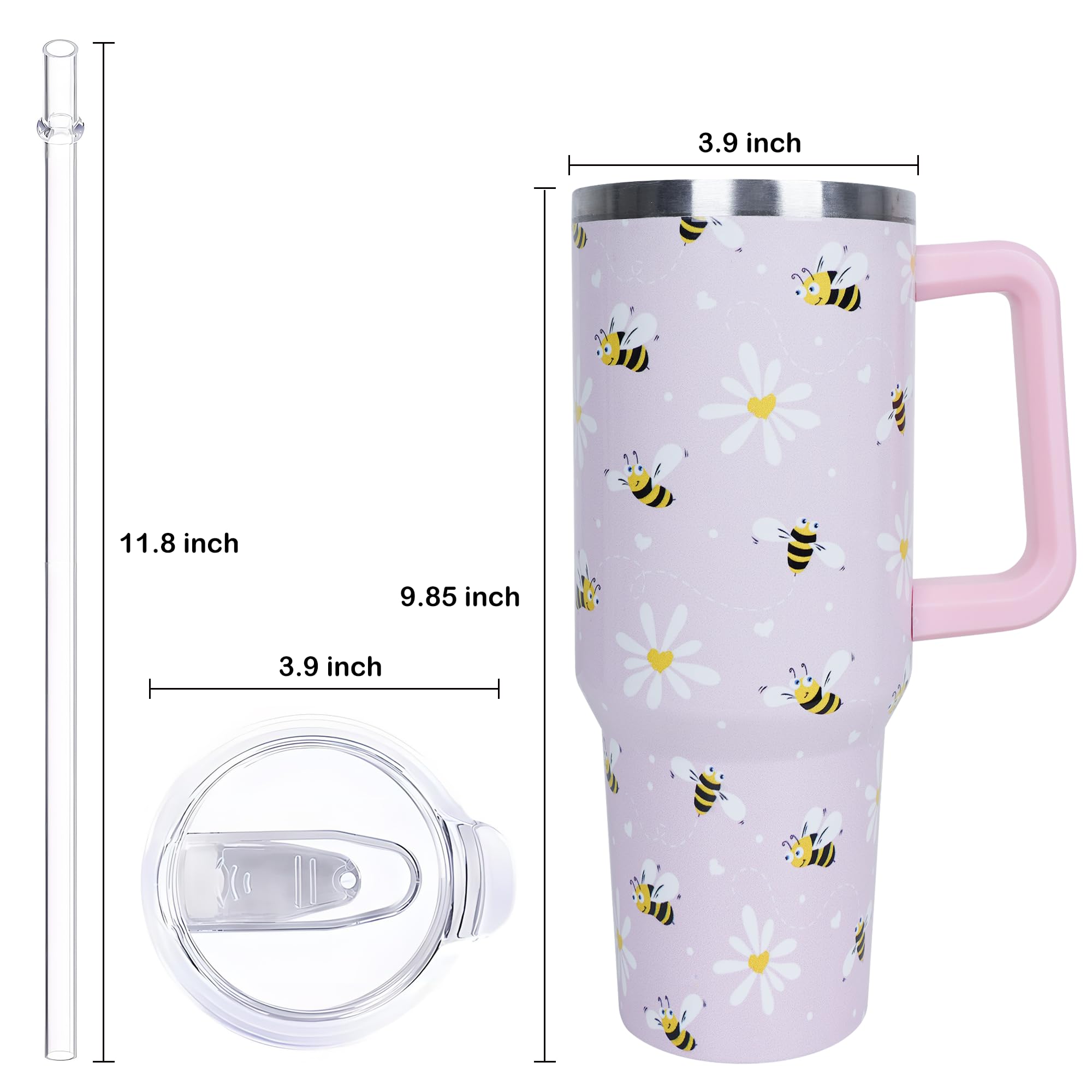 40 Oz Cute Daisy Bee Tumbler With Handle And Straw, Stainless Steel Insulated Cup With Lid