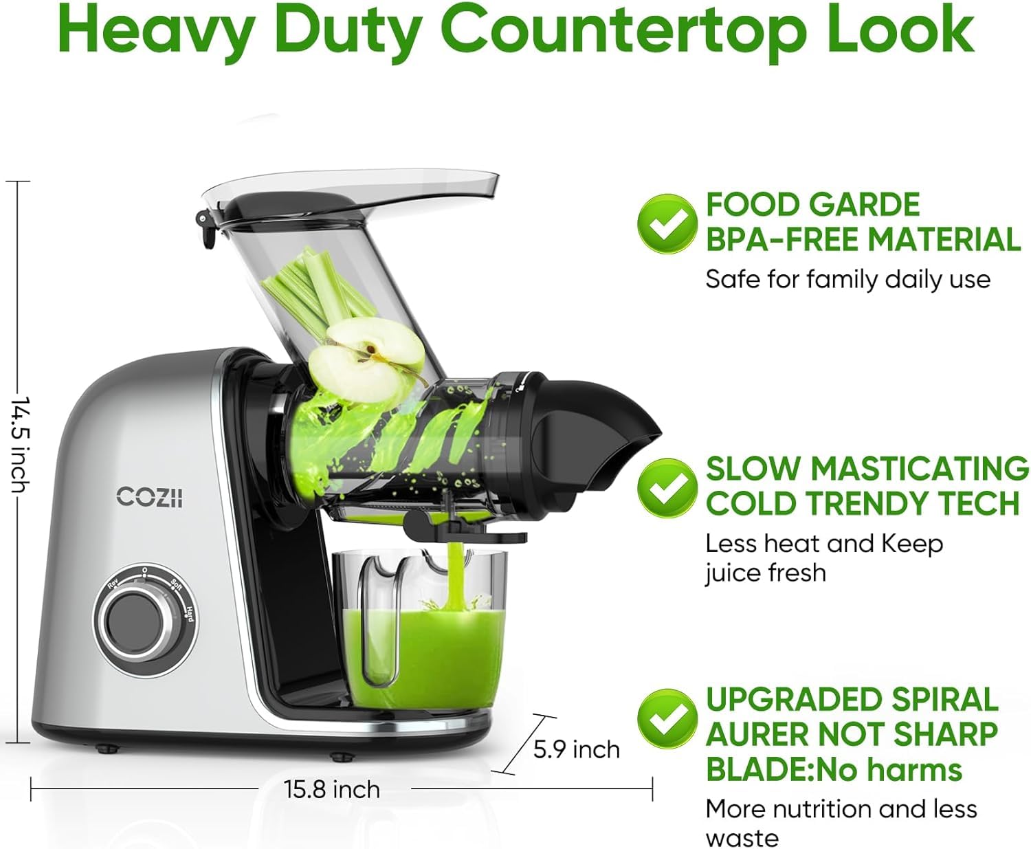 COZII Cold Press Juicer Machines, COZII Slow Masticating Juicer Extractor Soft/hard Mode, 3.6" Large Feed Chute For Vegetable and Fruit - Koospark