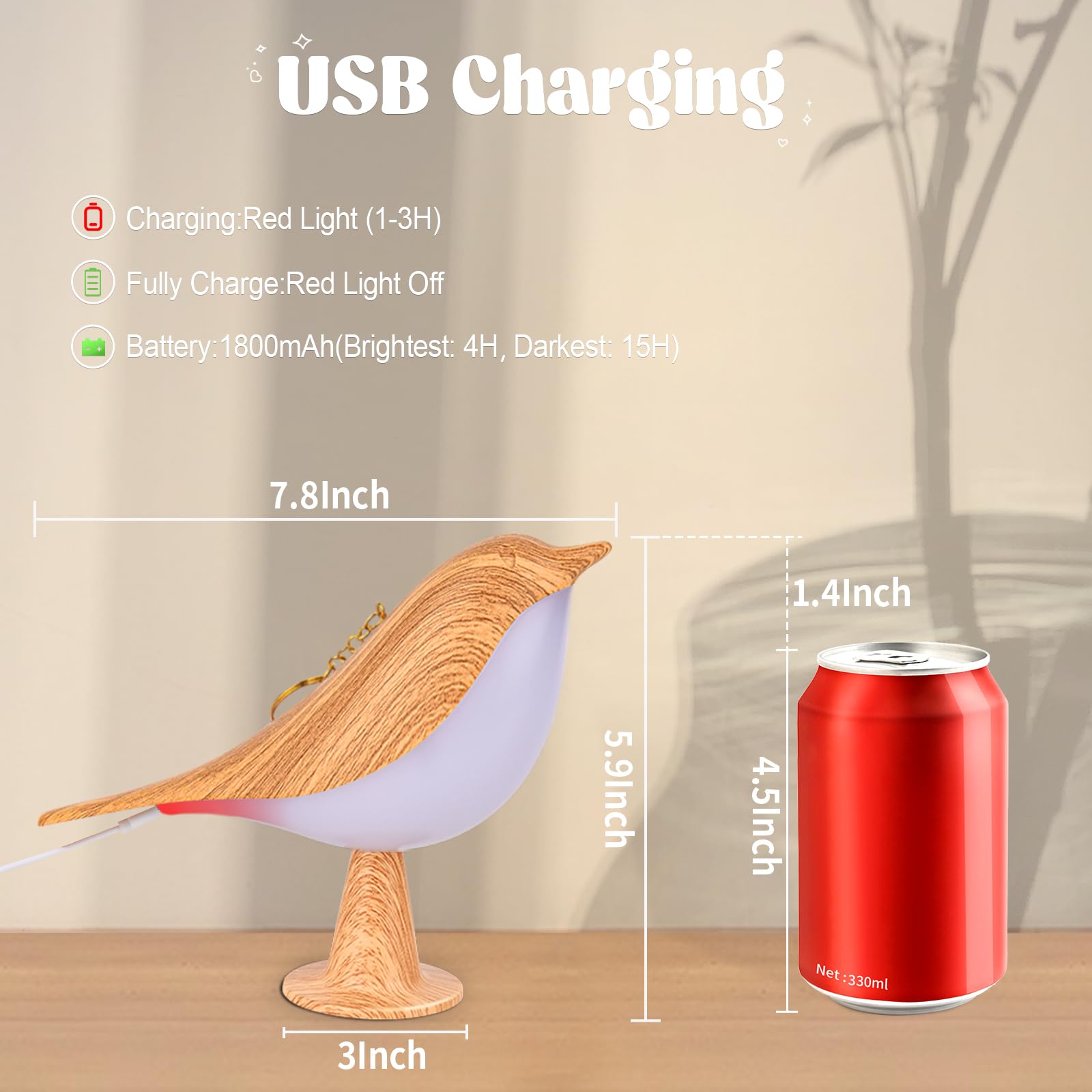 Yotozu Small Bird Lamp, Bird Bedside Touch Sensor Lamps Led Cordless Table Lamp Rechargeable Night Lights Desk Lamps For Nightstand Kids Bedroom Living Room(Yellow)