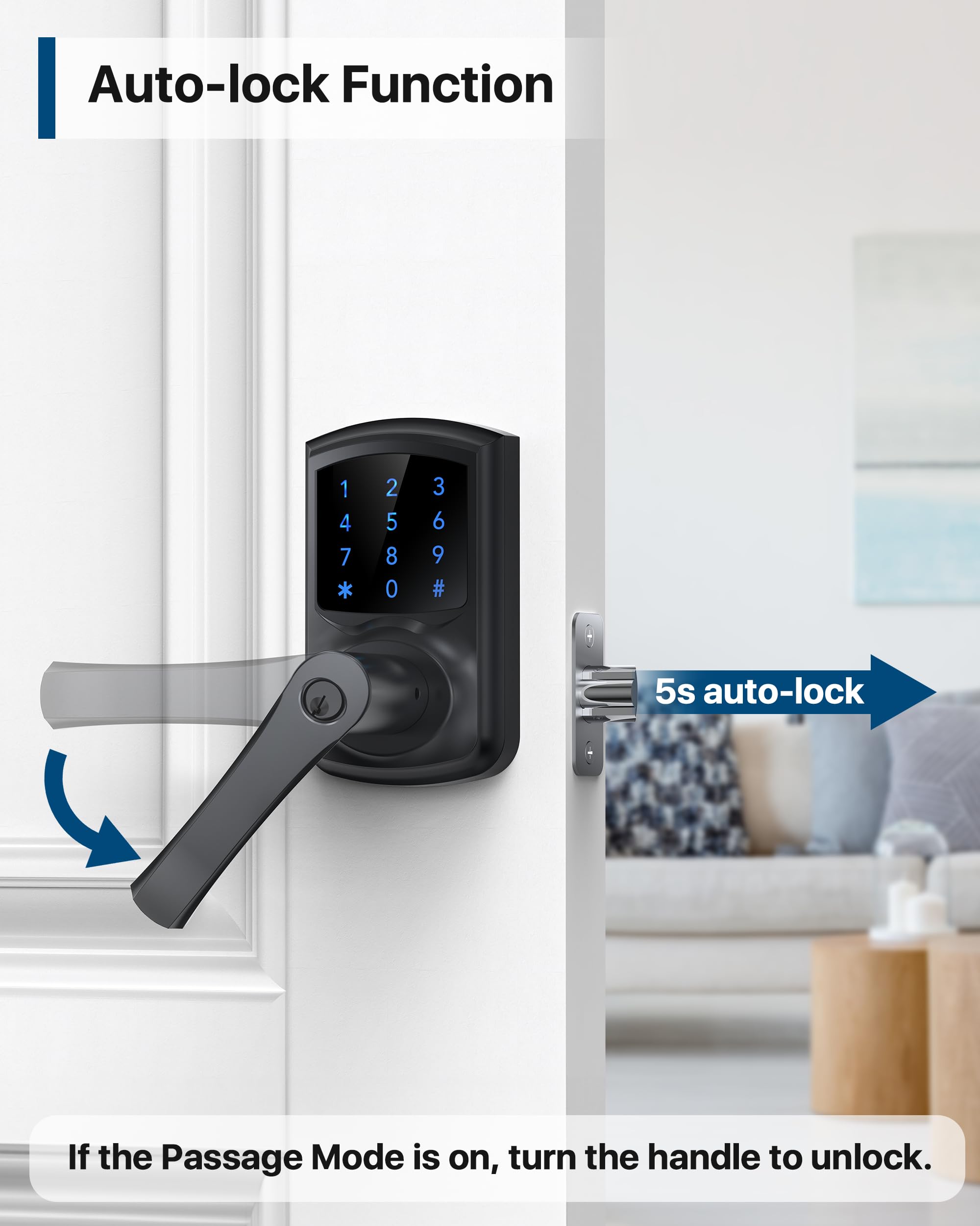 Hidalife Keyless Entry Door Lock With Keypad And Handle For Front Doors, Touchscreen, Anti-Peep Password, Auto-Locking, Matte Black