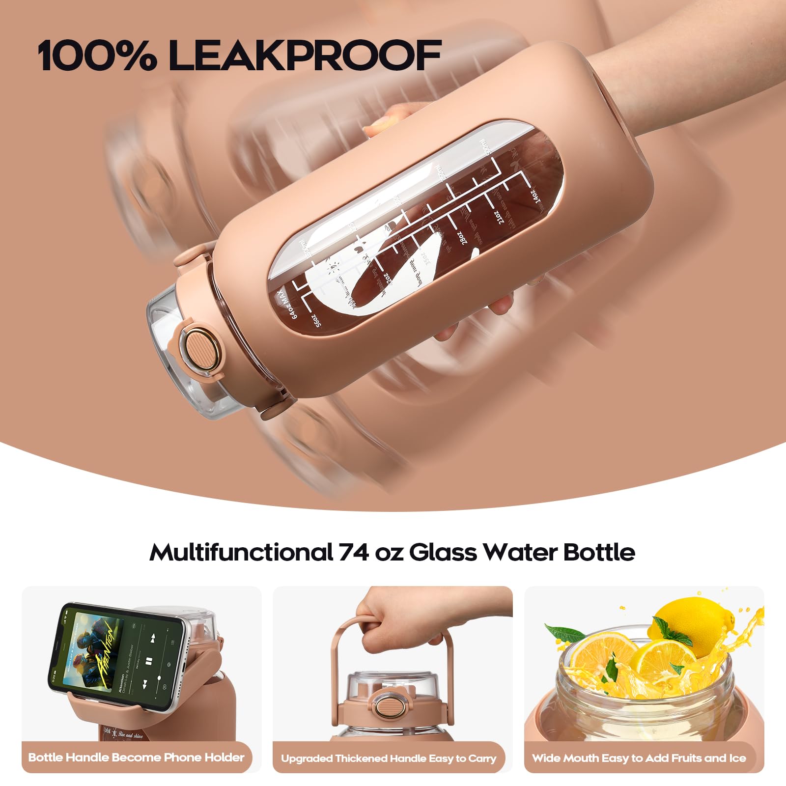 74 Oz Glass Water Bolttles With Straw Large Motivational Water Bottle With Time Marker Sports Water