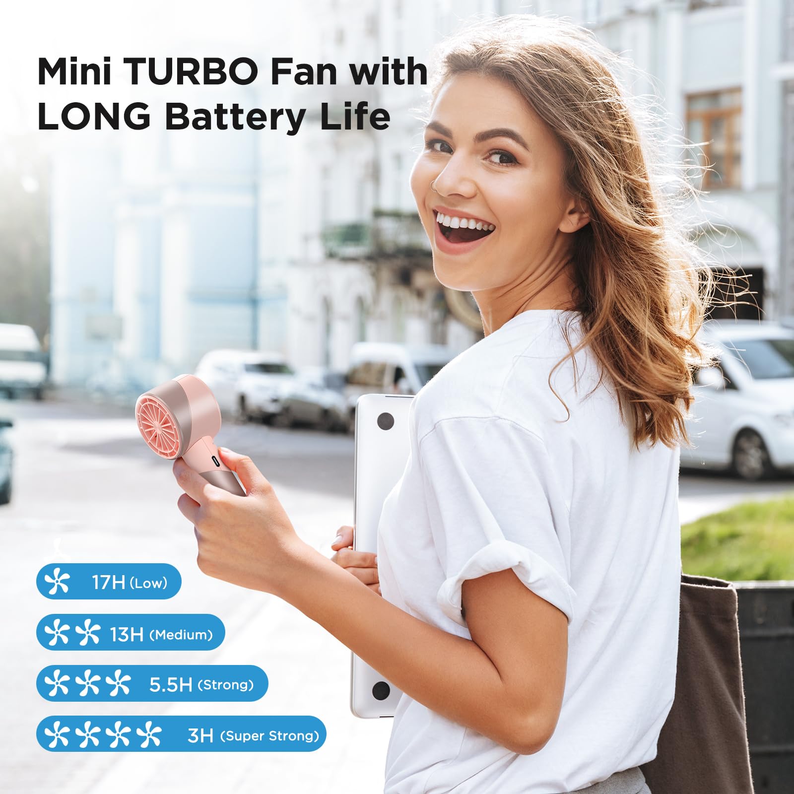 Turbo fan by Amacool with 4 speeds and cool metal body, providing up to 17 hours of cooling with rechargeable battery
