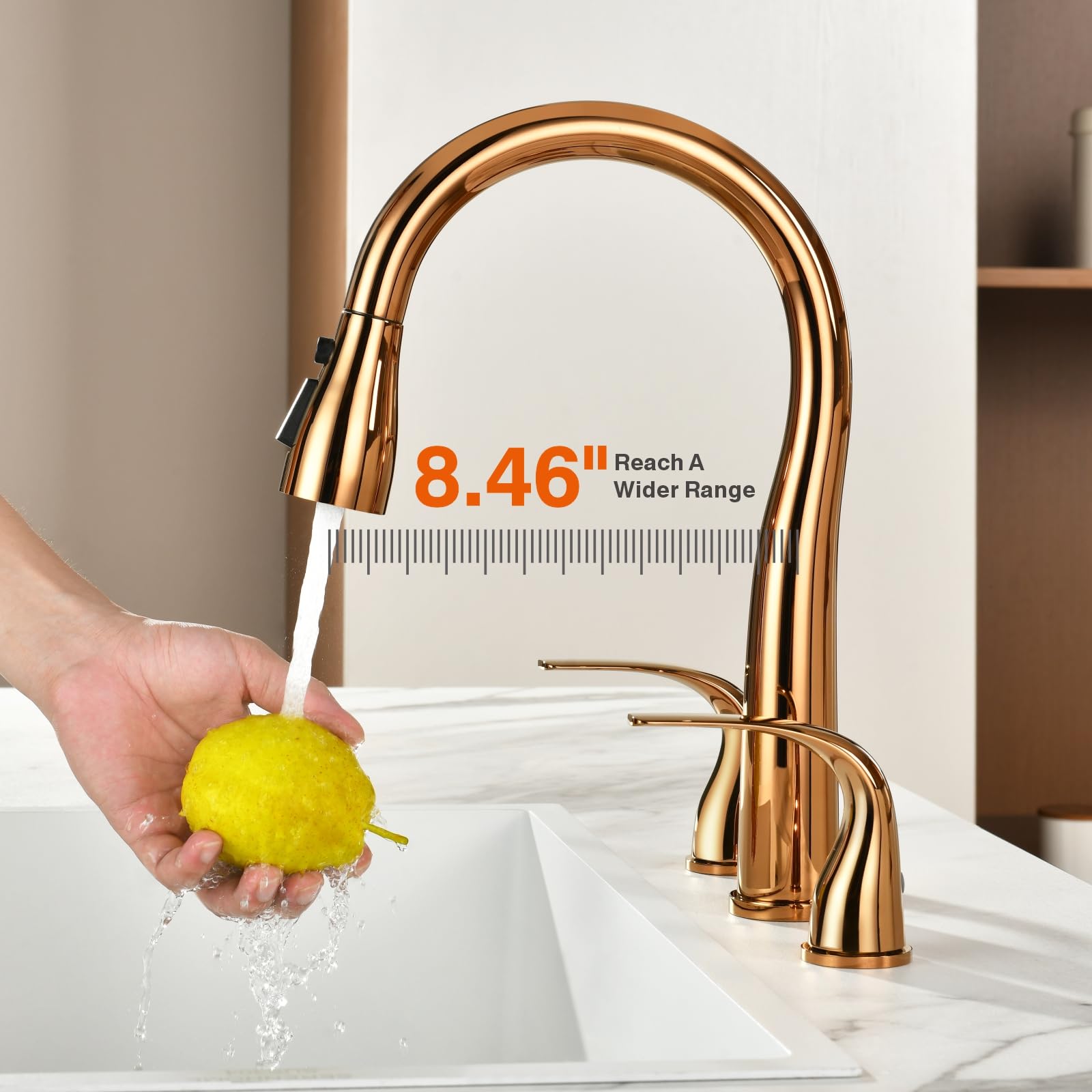 Rulia Kitchen Faucet, 2 Handles Kitchen Sink Faucet, 3 Holes Sink Faucet, Pull Down Kitchen Faucets, Bar Kitchen Faucet, Copper Rose Gold, Stainless Steel, Rb1072