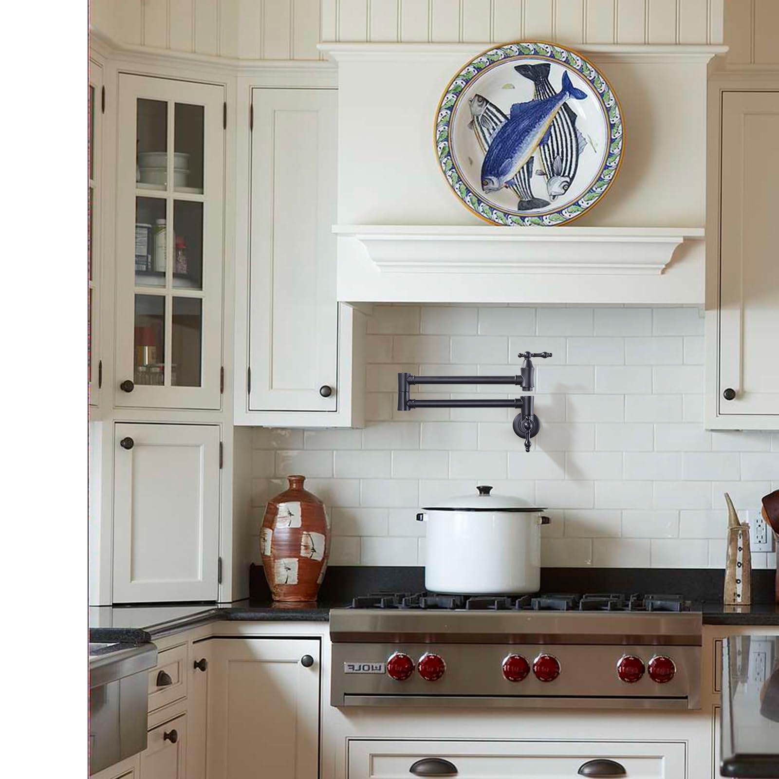 Arcora Brass Pot Filler Faucet Black: Wall Mount Commercial Pot Filler With Double Joint Swing Arms - Traditional 2 Handle Kitchen Pot Faucet Over Stove