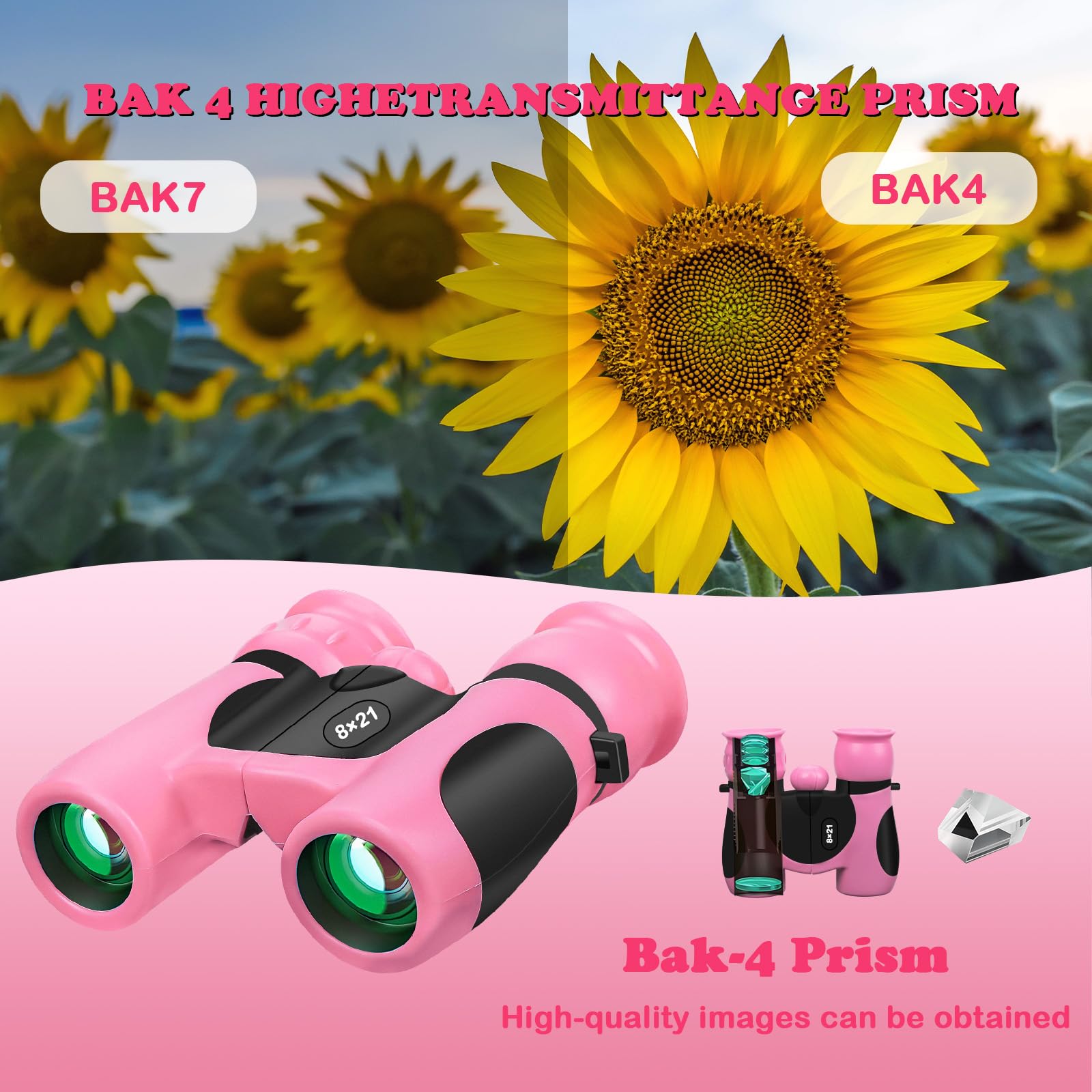 Blackice Binoculars For Kids, High-Resolution 8X21, Kids Binoculars  Set For Boys & Girls, Shockproof & Compact For Bird Watching, Travel, Hiking, Camping, Hunting, Children Outdoor Gear (Pink)