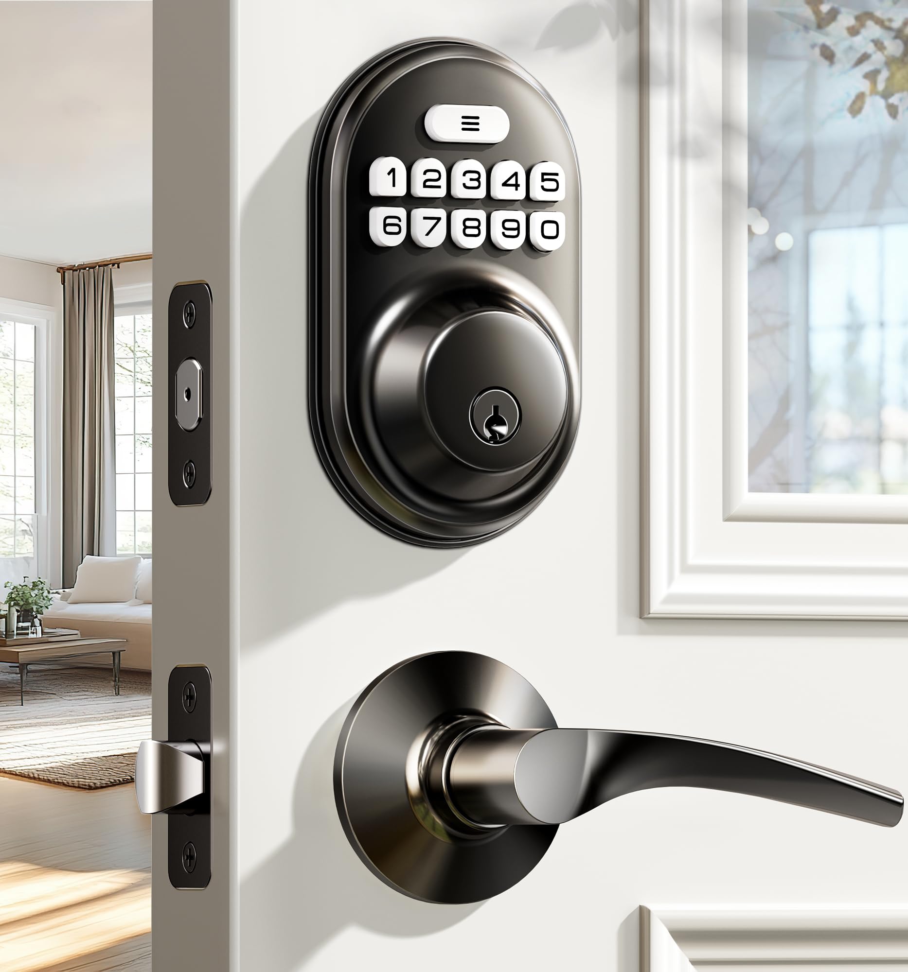 Veise Keyless Entry Door Lock With 2 Lever Handles - Electronic Keypad Deadbolt, Auto Lock, Back Lit & Easy Installation Design, Front Door Handle Sets, Matte Black