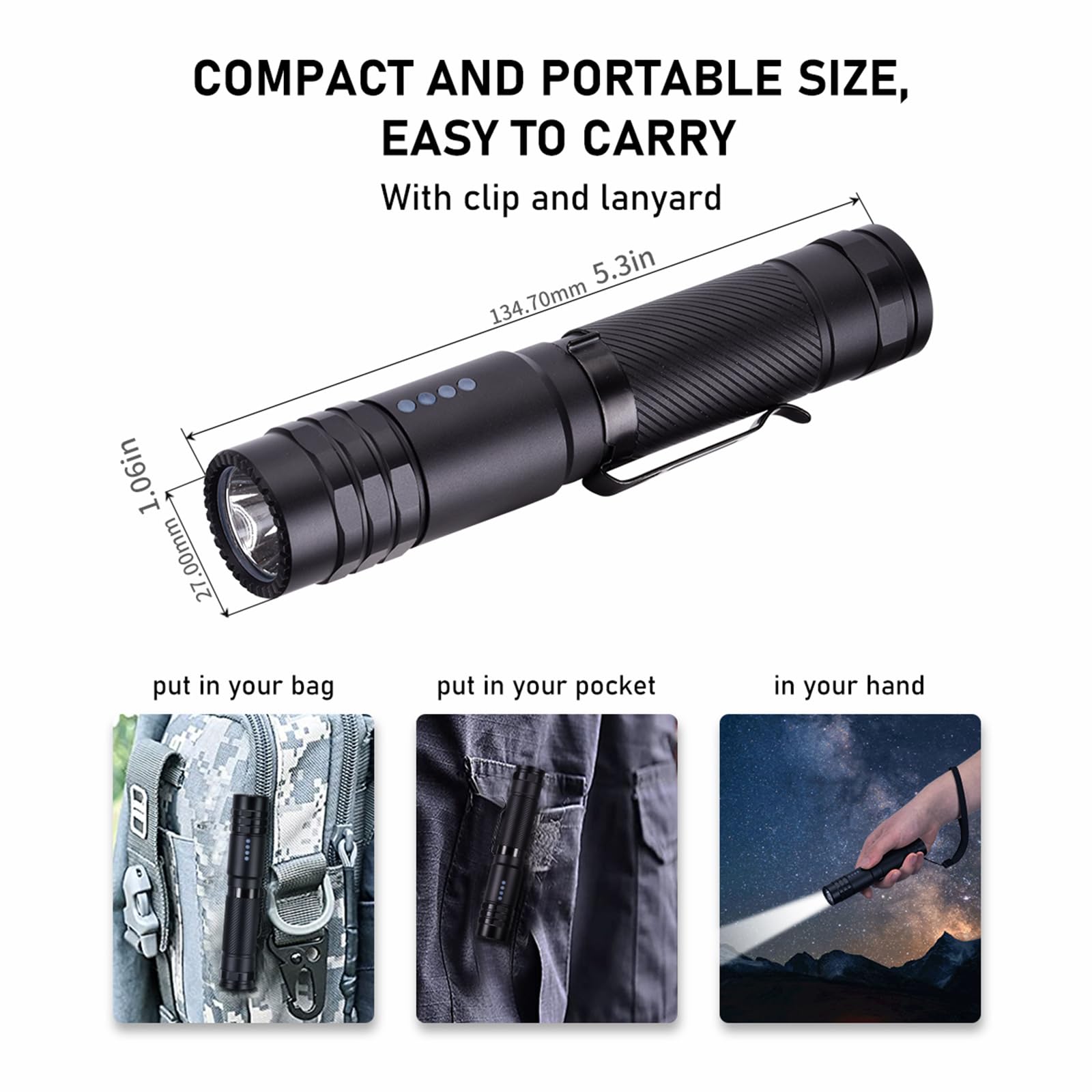 Zti Rechargeable Flashlights 2000 Lumen, 5 Light Modes, Usb-C Rechargeable Pocket Flashlight, Compact For Home, Emergency