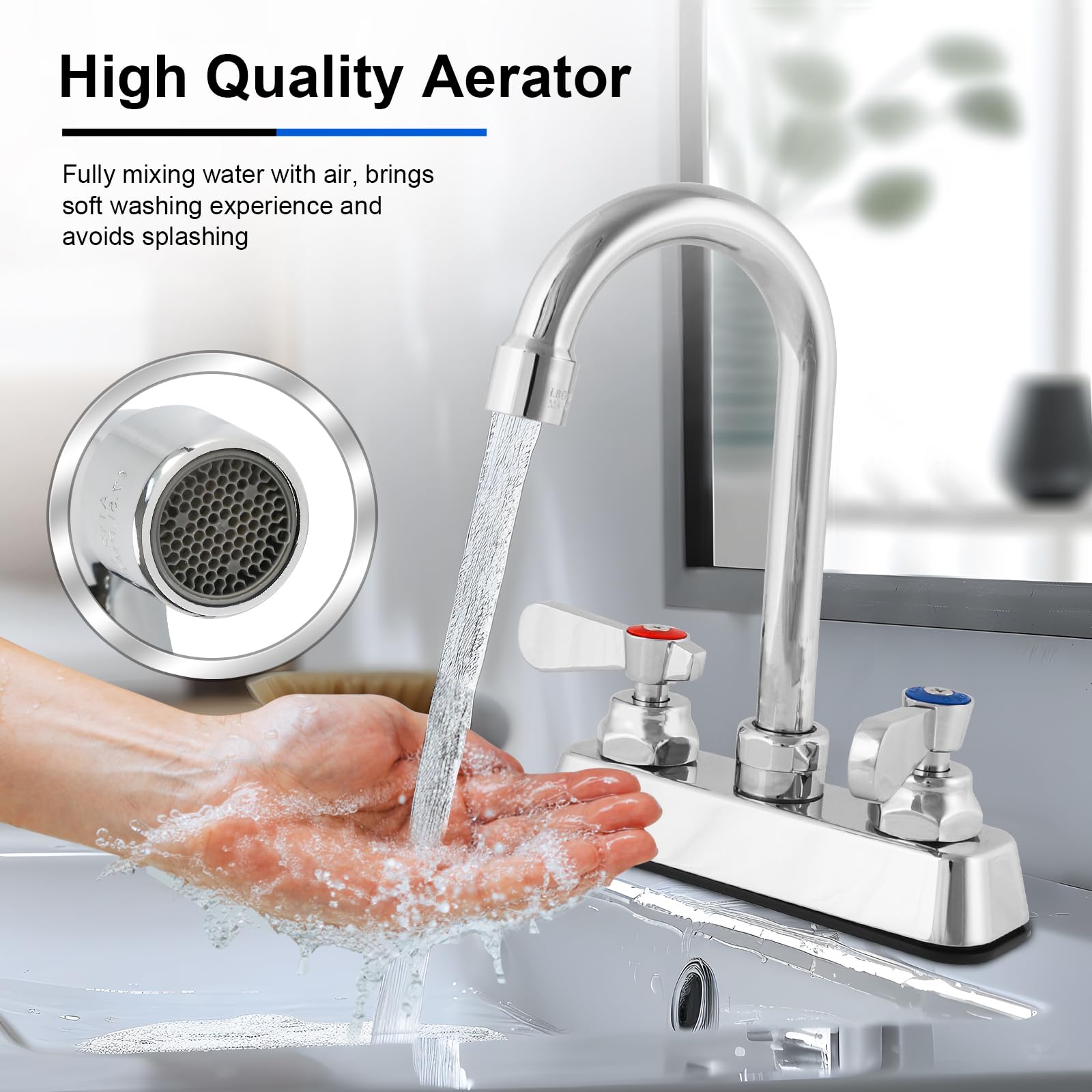 Zkdausdo Leak- Commercial Bar Sink Faucet 4" Center With Ceramic Valve, Deck Mount Hand Sink Faucet With 3-1/2" Gooseneck Spout, Dual Lever Handles, Brass Constructed, Commercial Grade