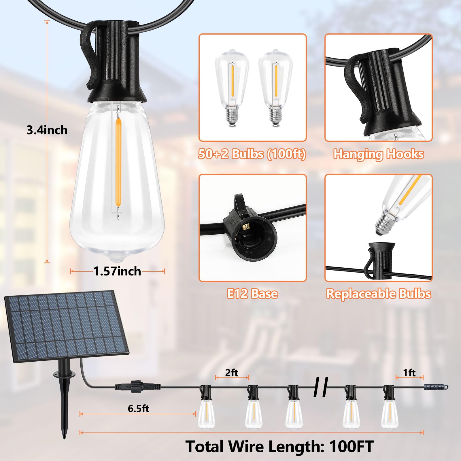 Bosceos 100Ft Outdoor Solar String Lights With Remote, Usb Rechargeable Led Patio Lights With 52 Timer Dimmable St38 Edison Bulbs, Enhanced 5W Solar Panel Outside Hanging Lights For Porch Garden Deck Backyard